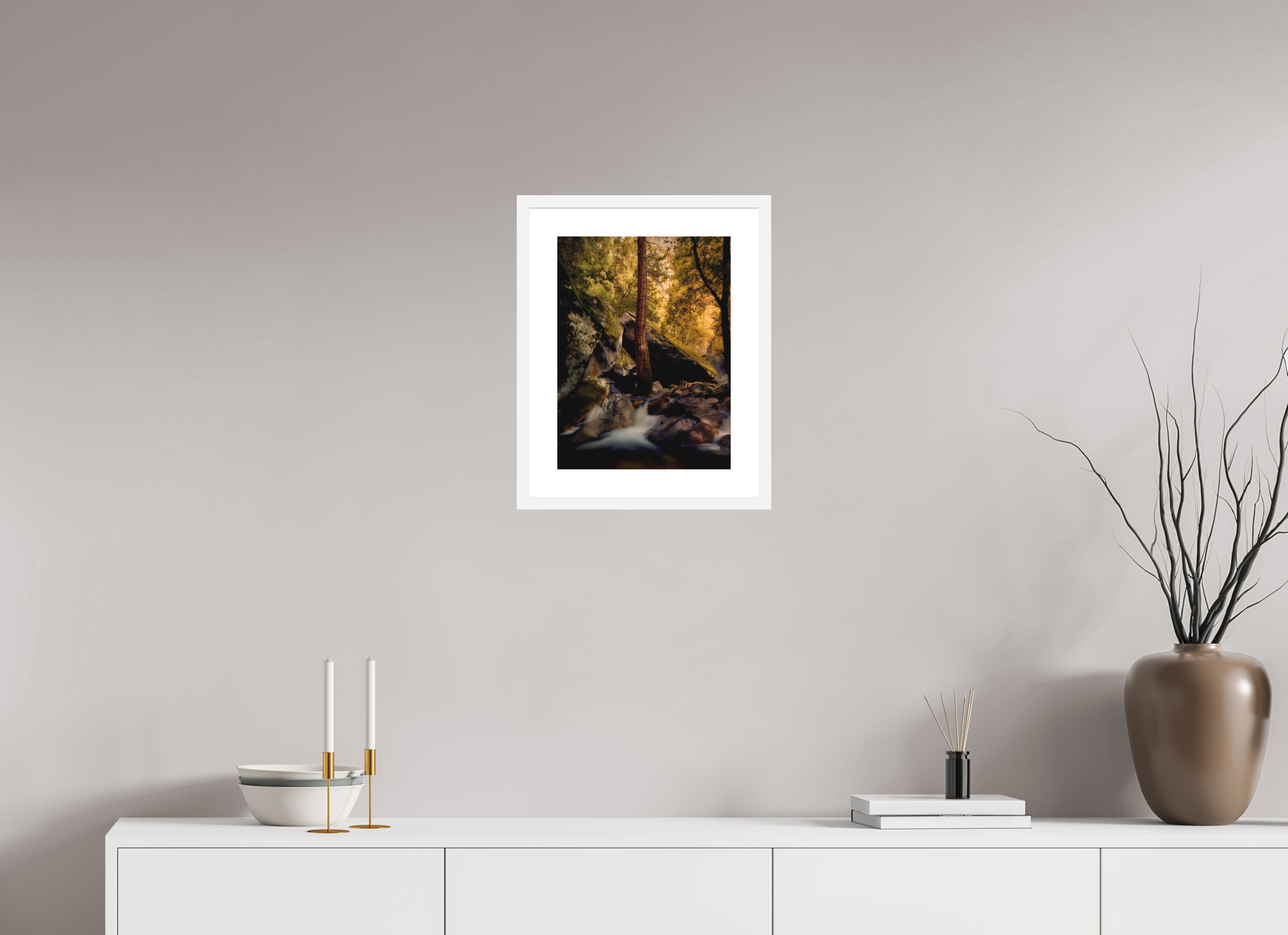 12 x 16″, Passe-Partout White Frame Yosemite's Cascade Creek at Sunrise