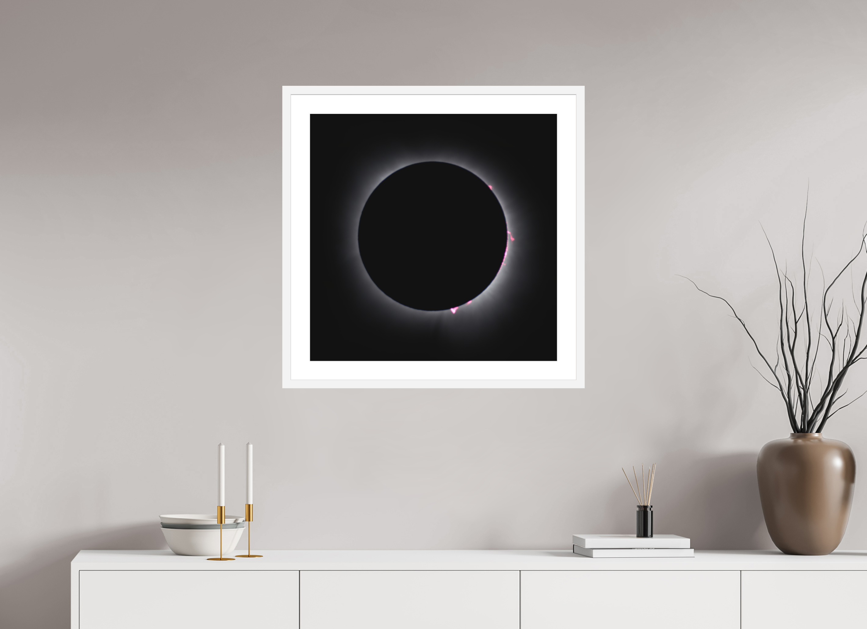 25 x 25″, Passe-Partout White Frame 2024 Eclipse: Totality & Baily's Beads