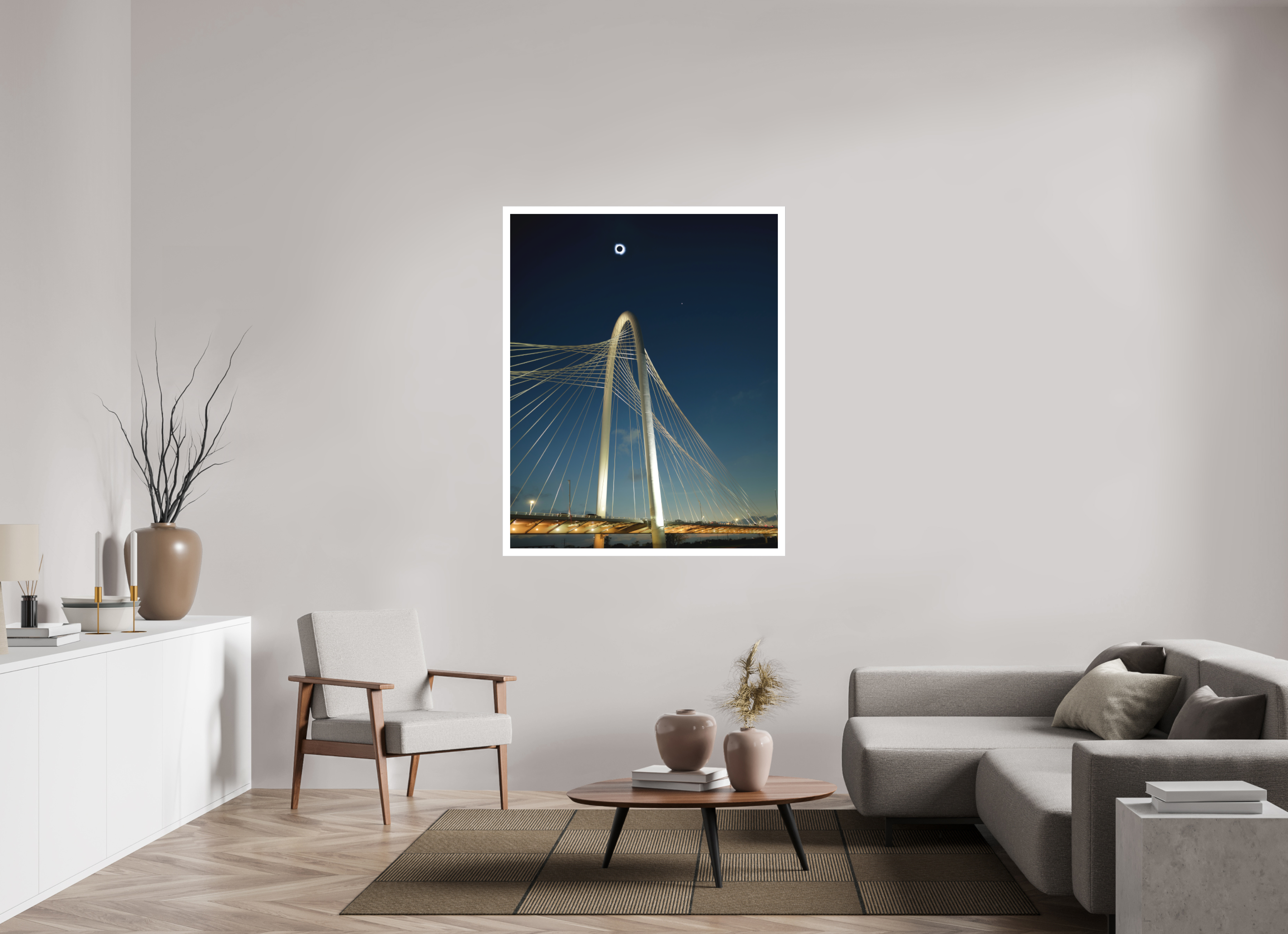 43 x 53.7″, Bonded Acrylic Mat + Silver Frame 2024 Eclipse: Over Margaret Hunt Hill Bridge