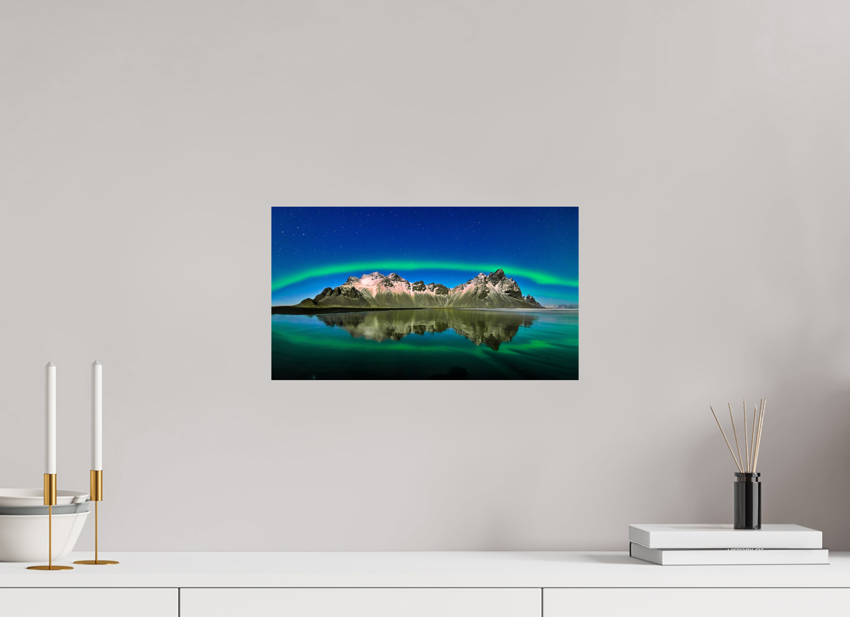 16 x 9″, Giclée Alu-Dibond Aurora Over Vestrahorn