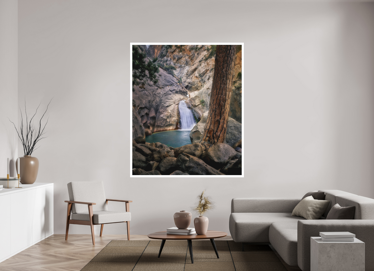 59 x 70.3″, Bonded Acrylic Mat + Silver Frame Roaring River Falls I —Kings Canyon