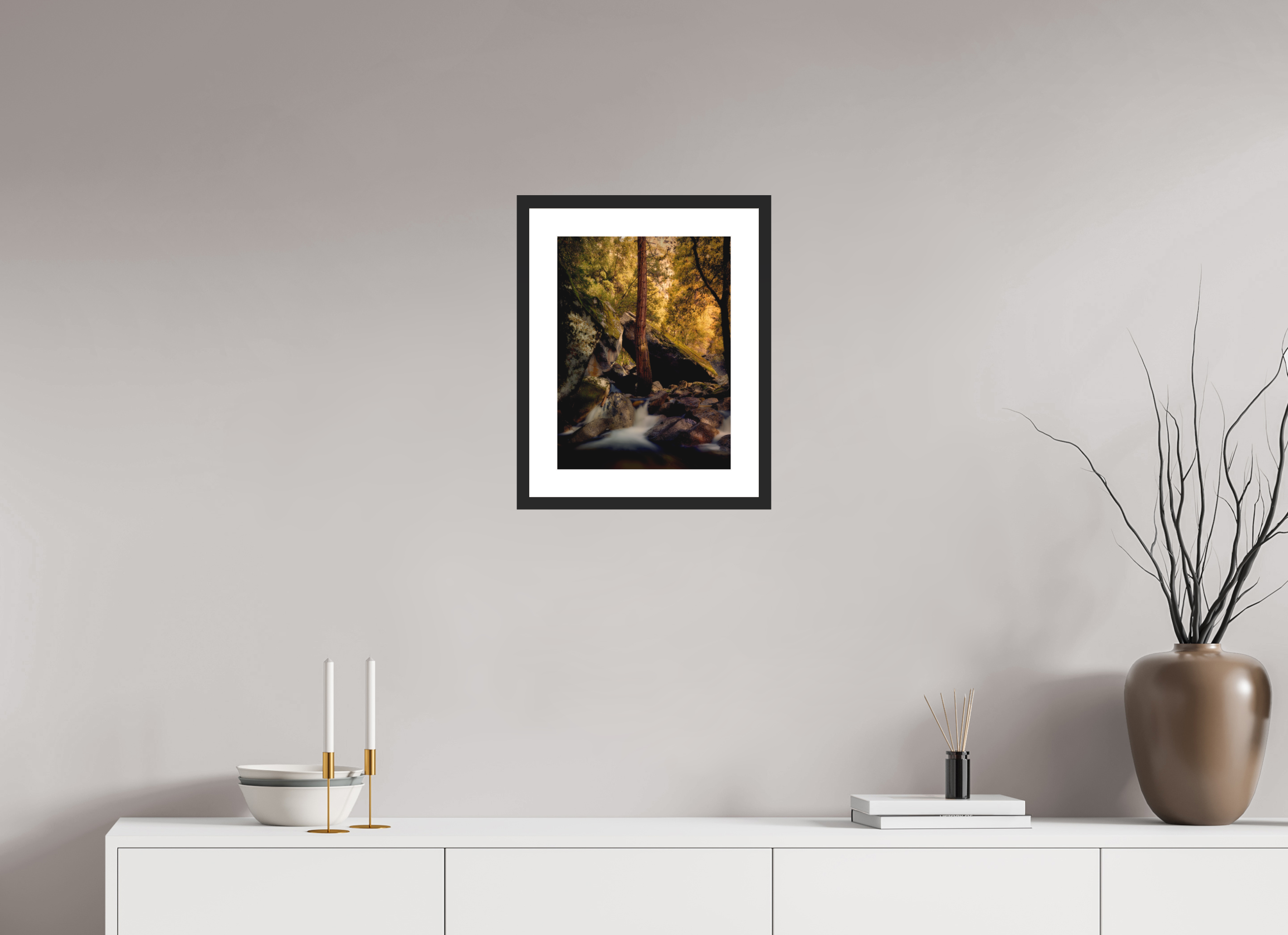 12 x 16″, Passe-Partout Black Frame Yosemite's Cascade Creek at Sunrise