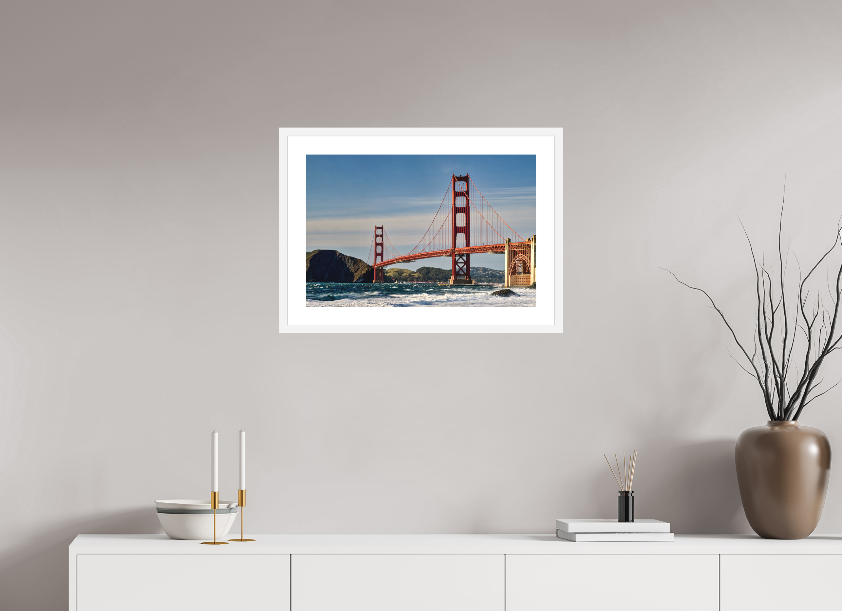 24 x 16″, Passe-Partout White Frame Golden Gate I: A Postcard View