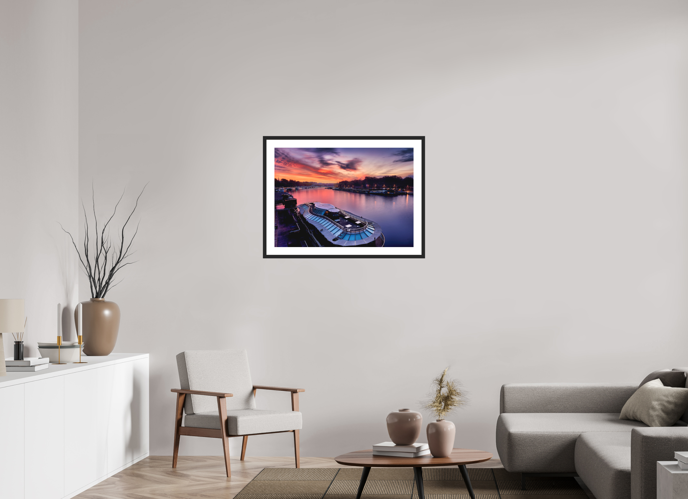 33.5 x 24″, Passe-Partout Black Frame Canal Boats On the River Seine at Dawn