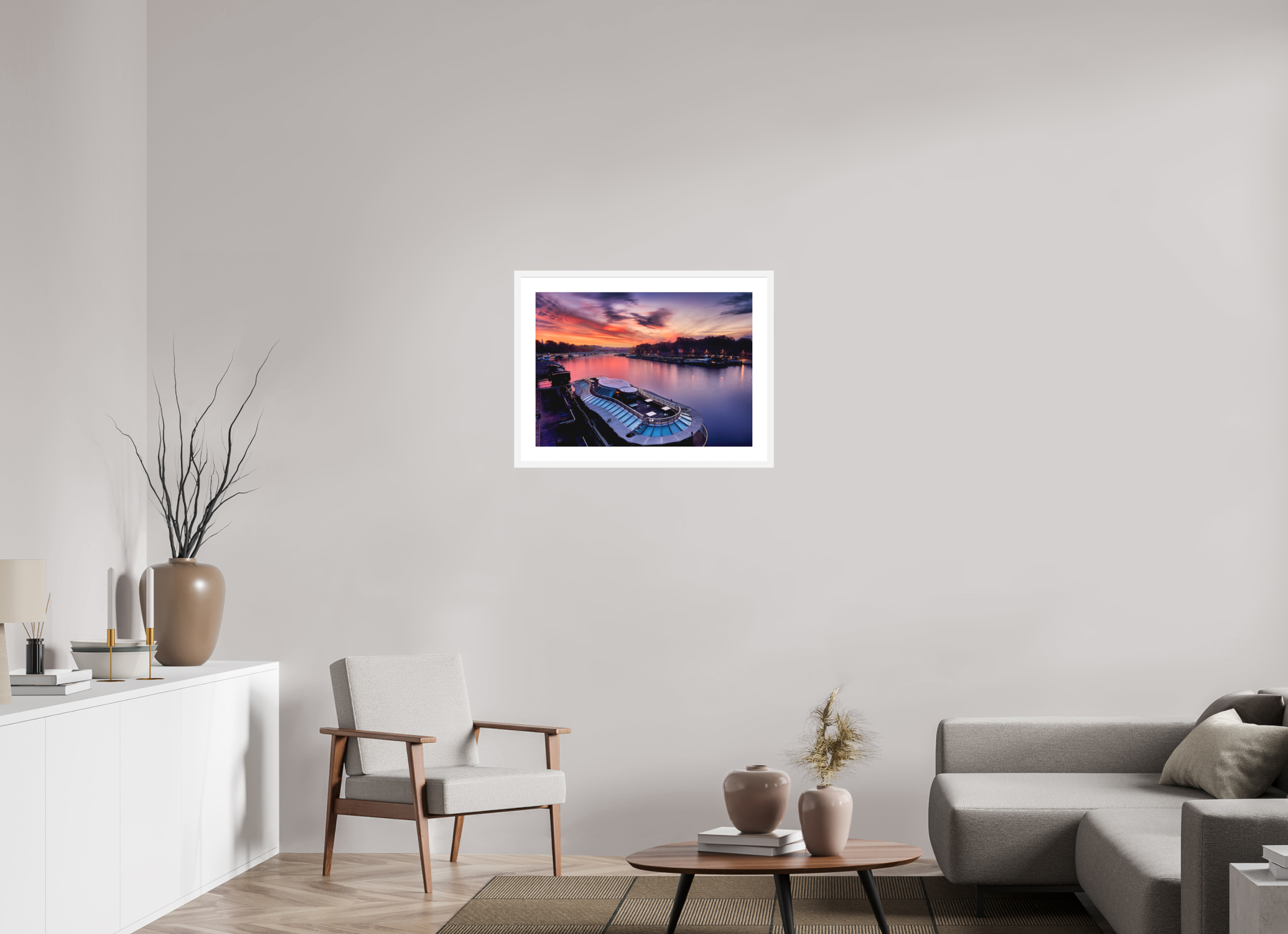 27.9 x 20″, Passe-Partout White Frame Canal Boats On the River Seine at Dawn