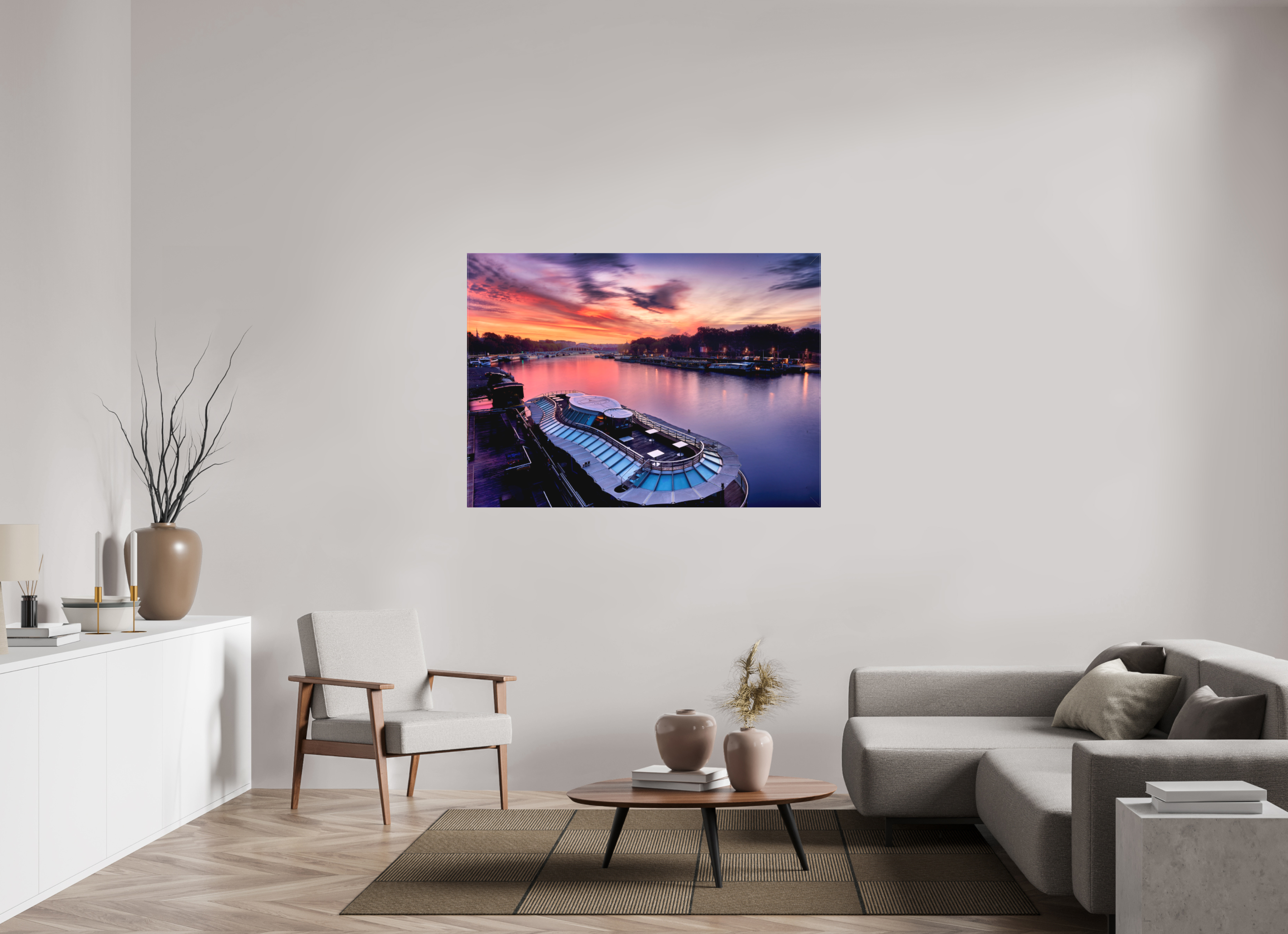 55.8 x 40″, Fine Art Textile Canal Boats On the River Seine at Dawn