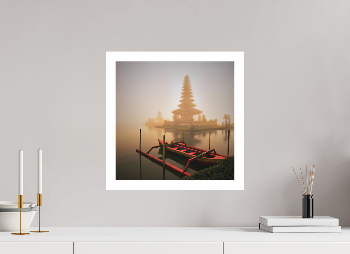 15 x 15″, Bonded Acrylic Mat + White Frame Bali: Temple Pura Ulun Danu Bratan