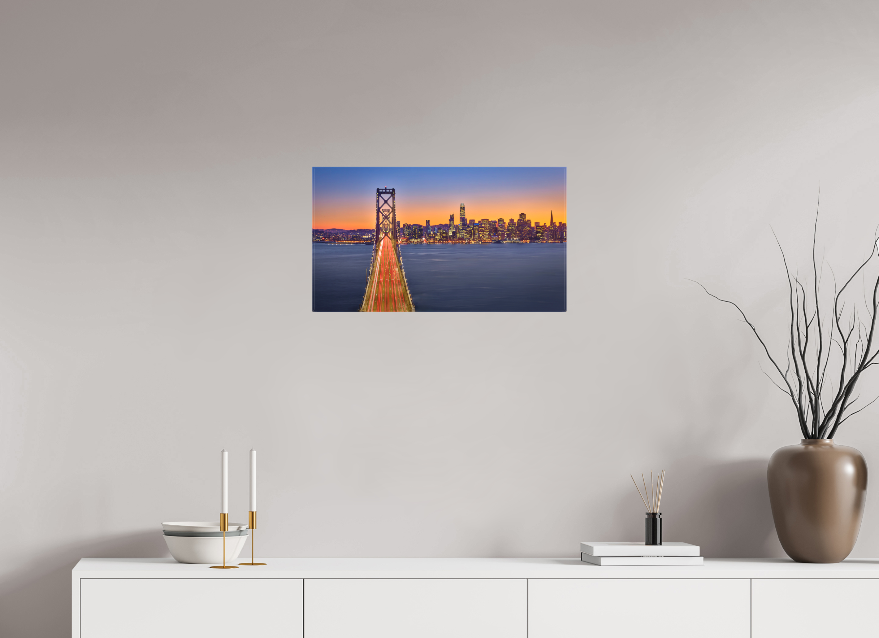 24 x 13.5″, Fine Art Textile Bay Bridge & Sunset Over San Francsico