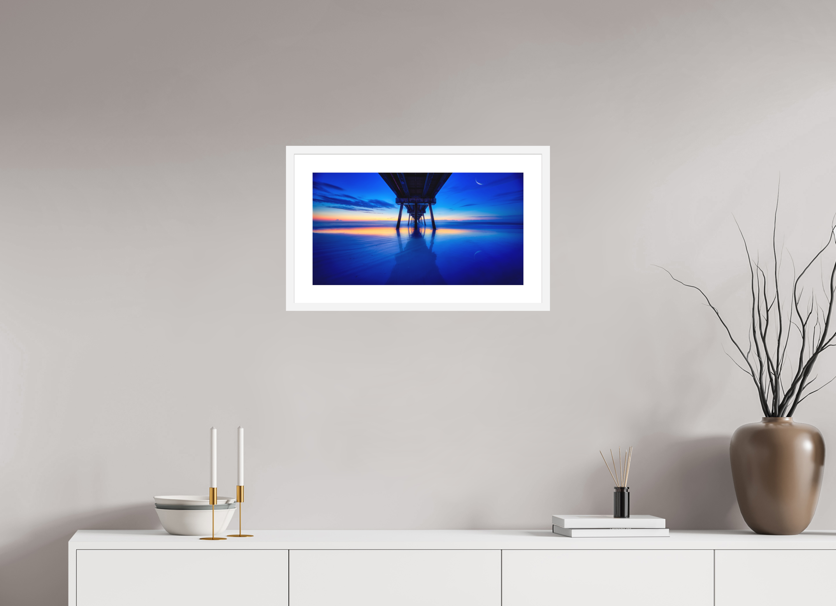 22.2 x 12″, Passe-Partout White Frame Dawn at The Jax Pier