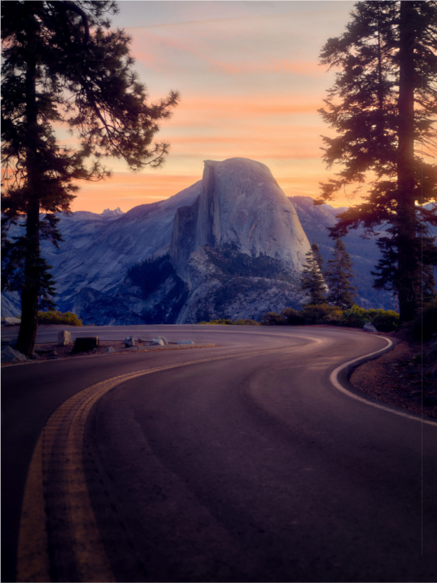 Half Dome at dawn under layered rose and amber clouds, framed by two tall pines above a curving stretch of Glacier Point Road in Yosemite National Park.
