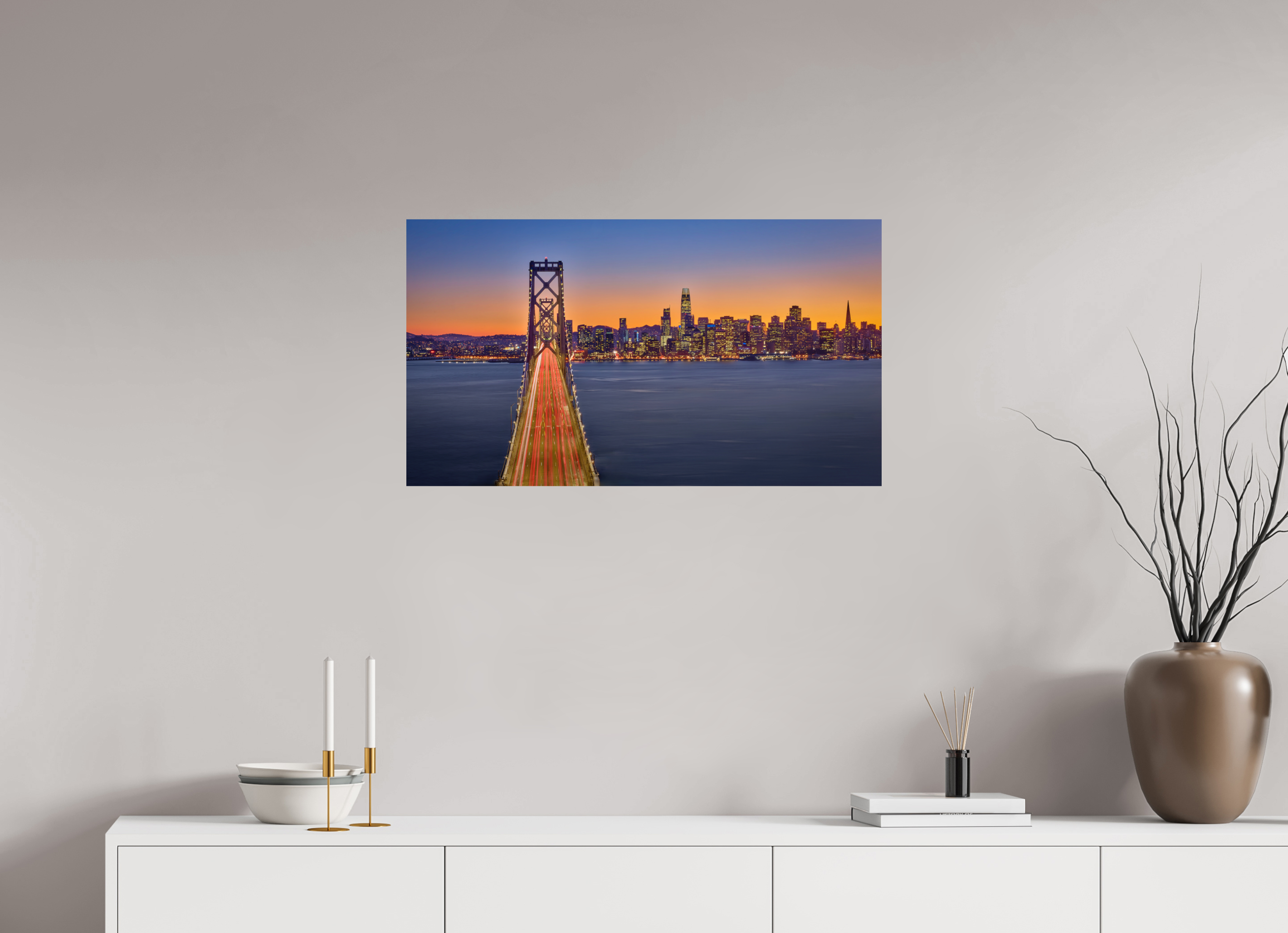 32 x 18″, Giclée Alu-Dibond Bay Bridge & Sunset Over San Francsico