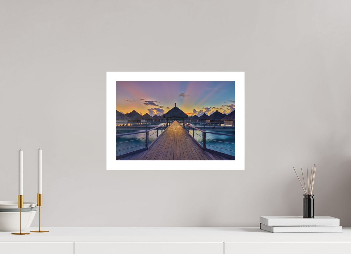 15 x 10″, Bonded Acrylic Mat + Silver Frame Sunrise Over Bora Bora Overwater Bungalows