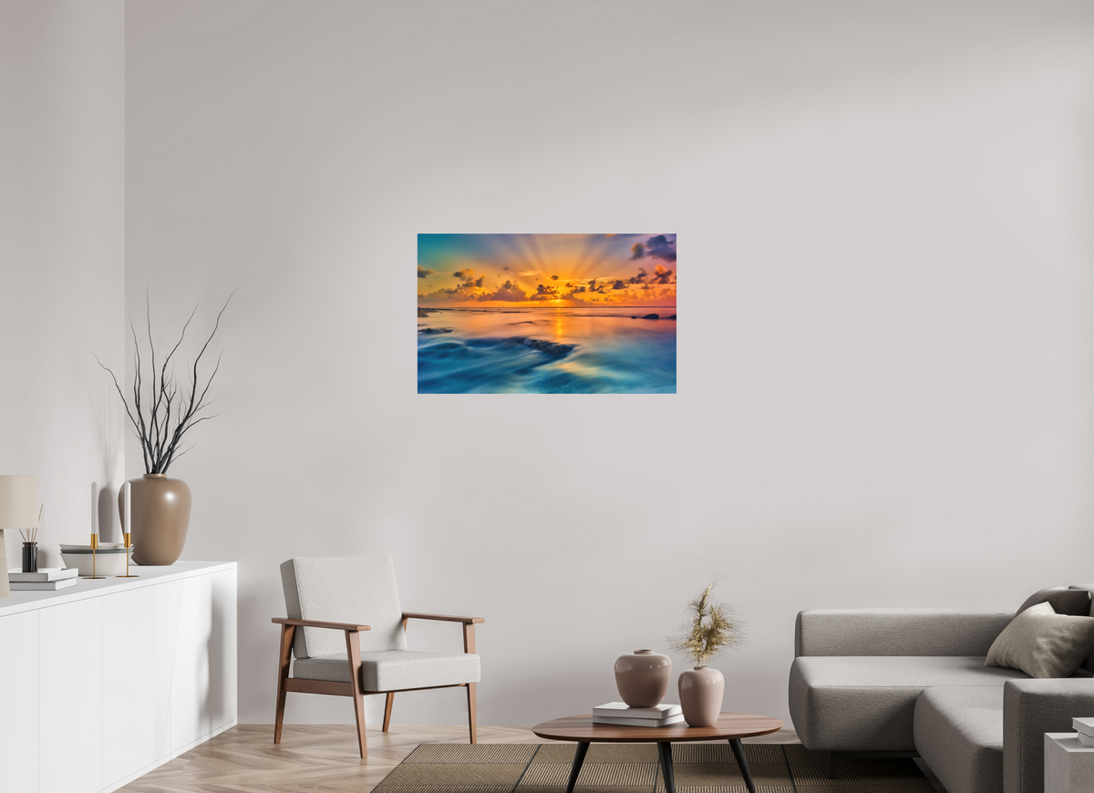 38.9 x 24″, Bonded Acrylic Silver Frame Diluvian: Bora Bora Reefside Sunrise