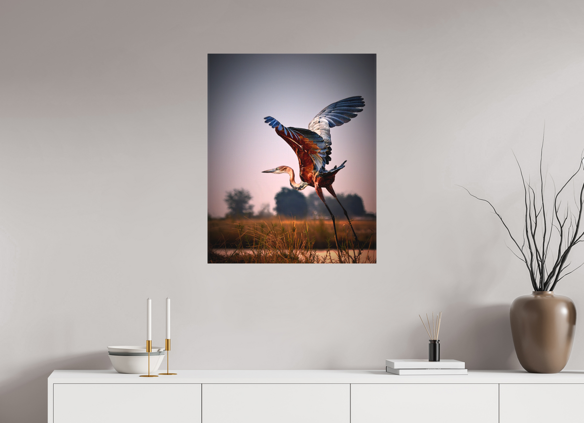 24 x 30″, Fine Art Textile Goliath Heron Takes Flight on the Chobe River
