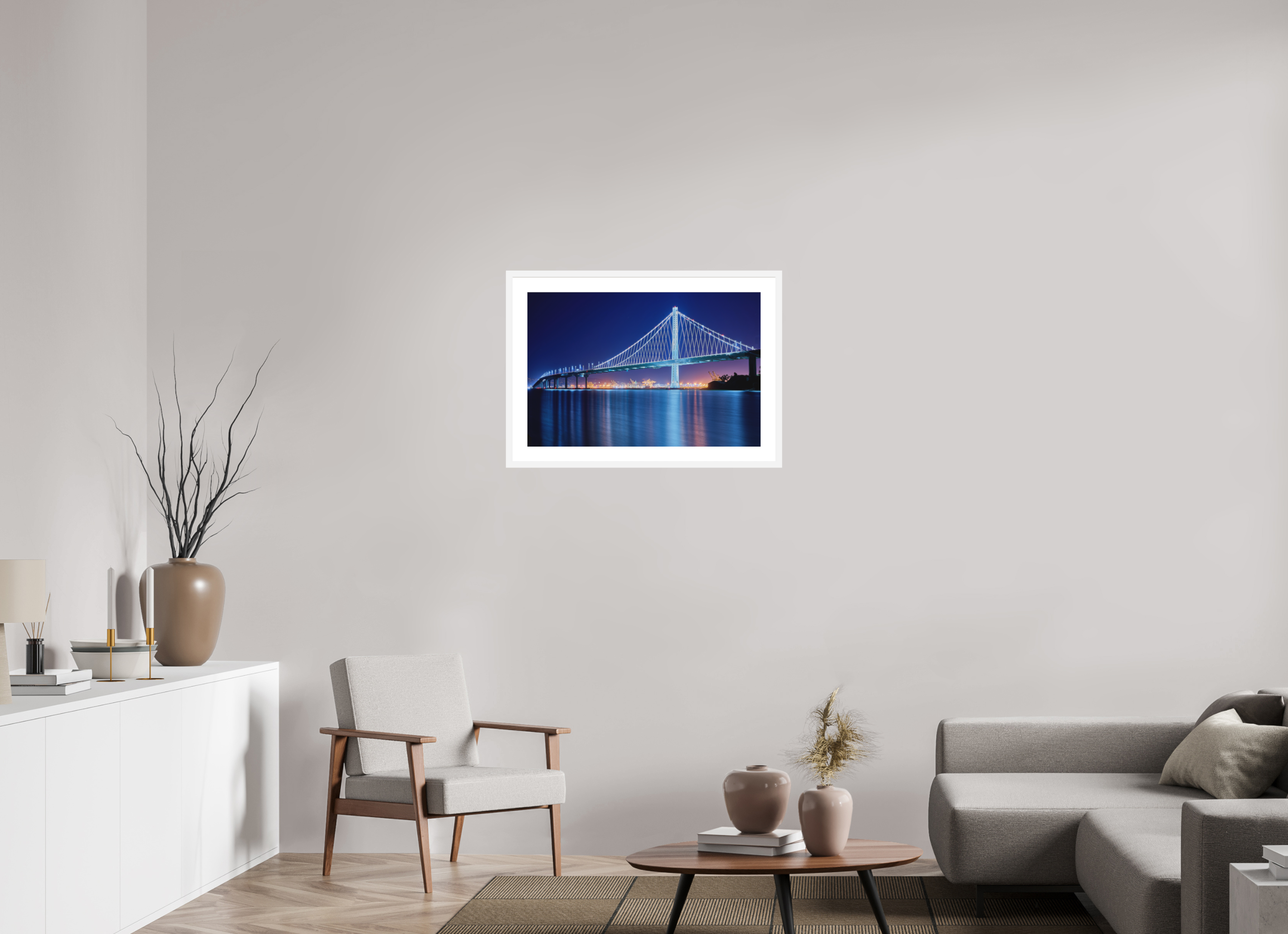 30 x 20″, Passe-Partout White Frame The Bay Bridge at Night