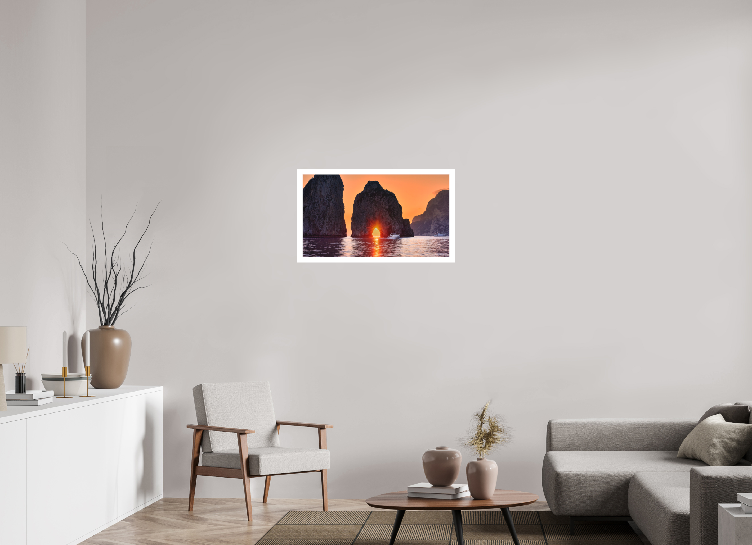 32 x 18″, Bonded Acrylic Mat + White Frame Leaving Capri—Faraglioni Sunstar at Sunset