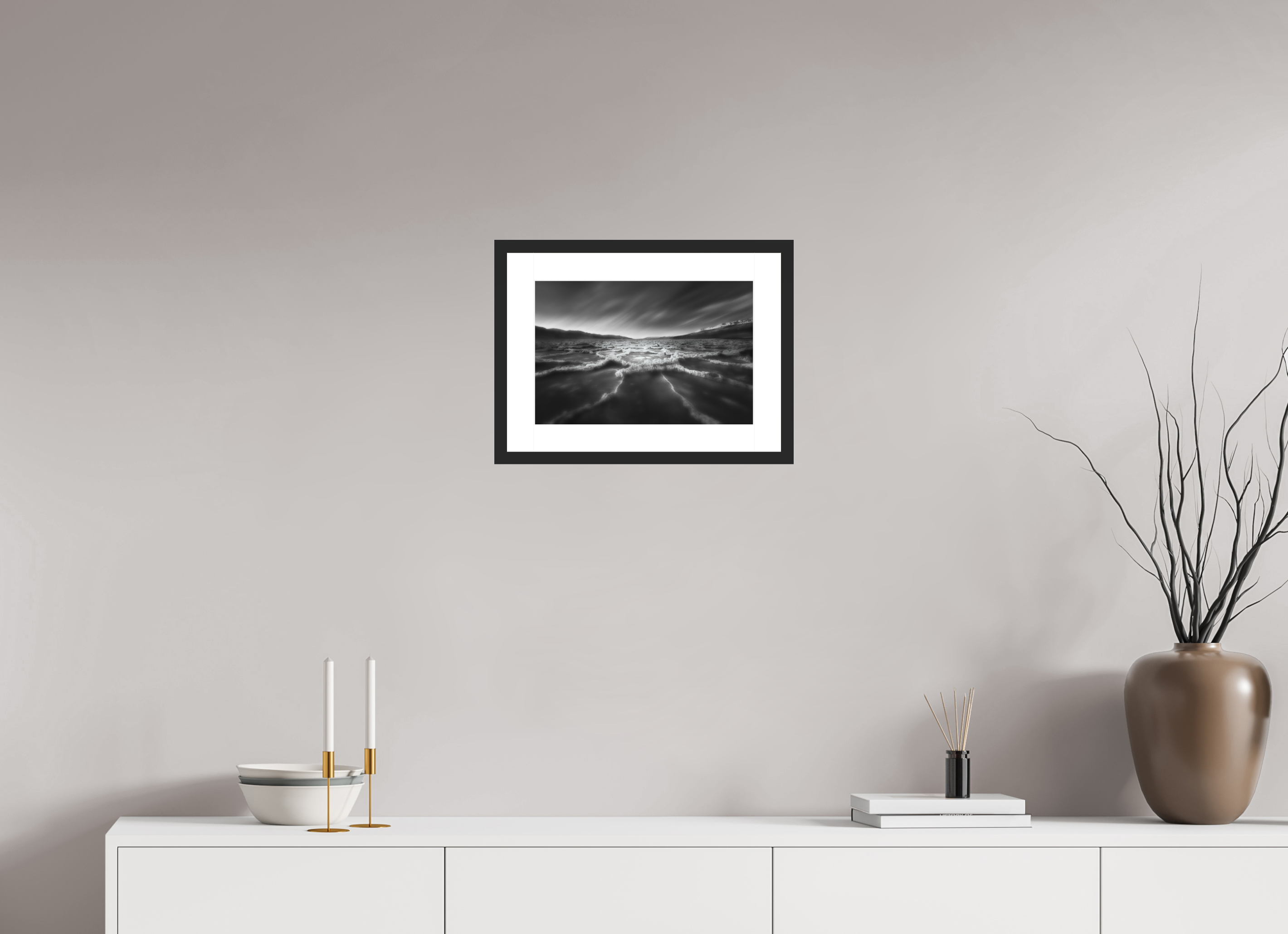 15 x 10″, Passe-Partout Black Frame Death Valley's Badwater Basin in Monochrome