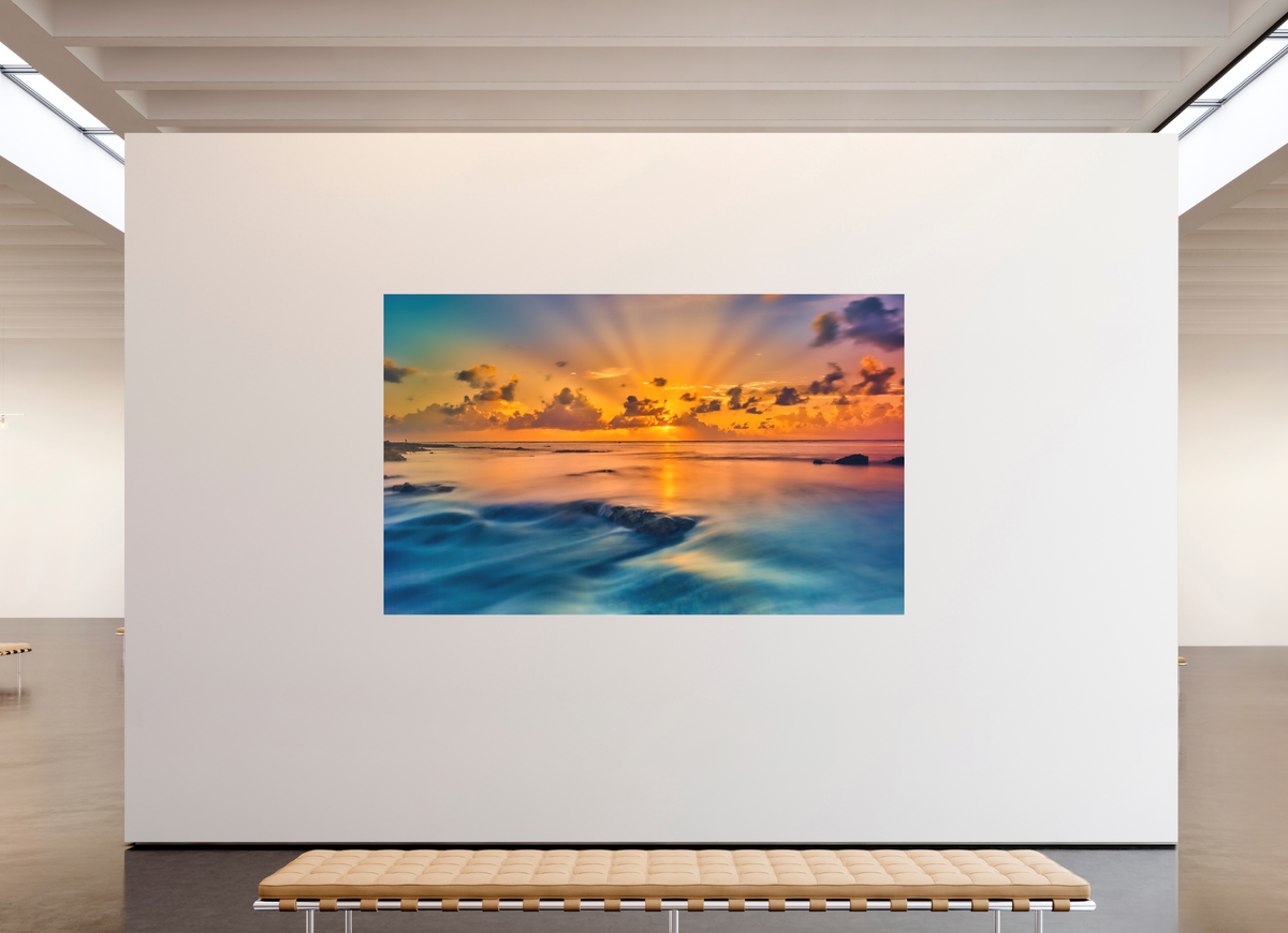 102 x 63″, Bonded Acrylic Silver Frame Diluvian: Bora Bora Reefside Sunrise