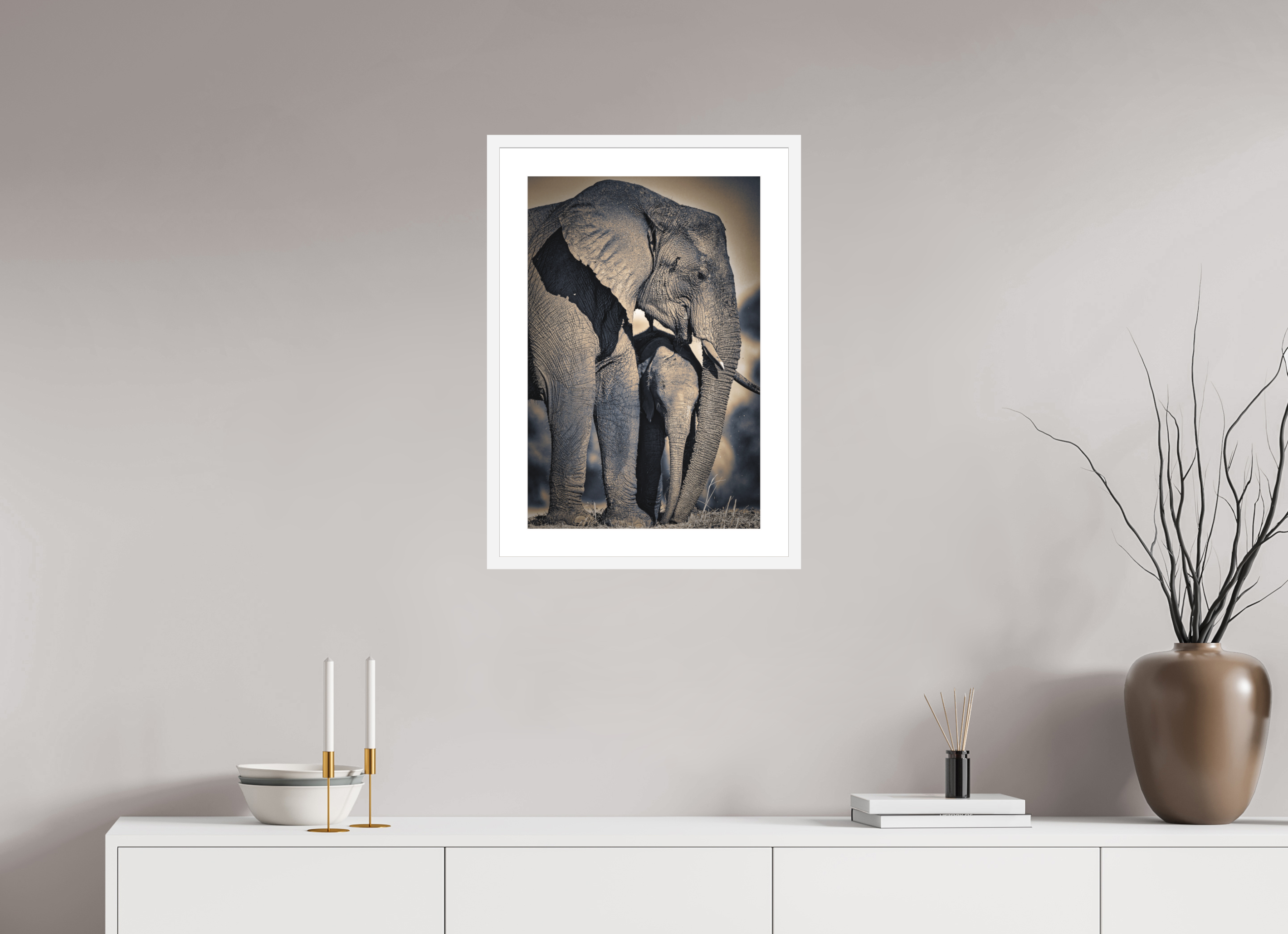 16 x 24″, Passe-Partout White Frame Mother Elephant & Calf
