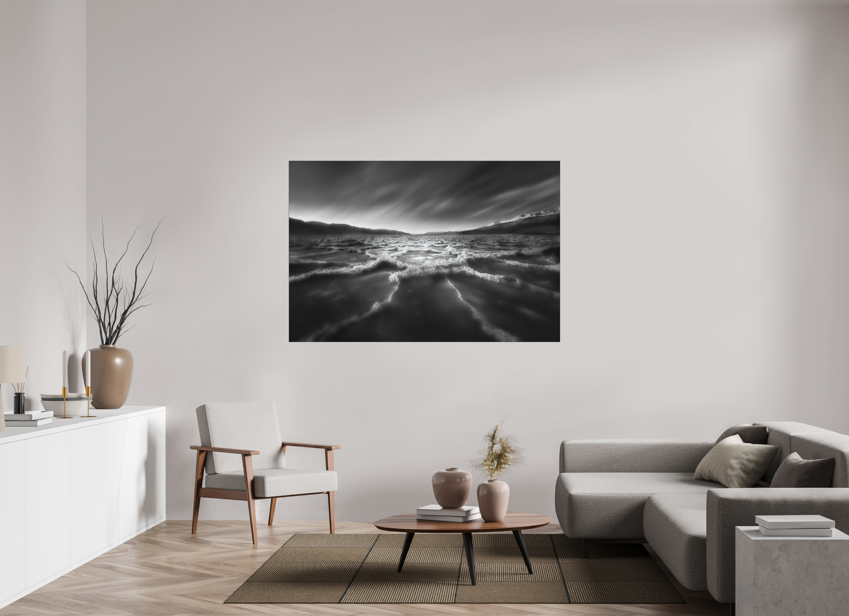 66 x 44″, Bonded Acrylic Black Frame Death Valley's Badwater Basin in Monochrome