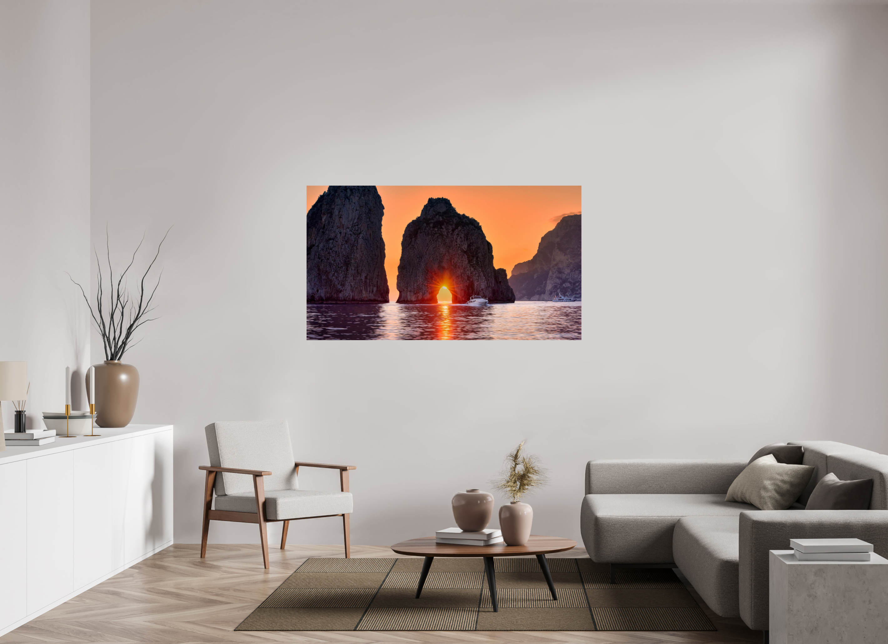 64 x 36″, Giclée Alu-Dibond Leaving Capri—Faraglioni Sunstar at Sunset