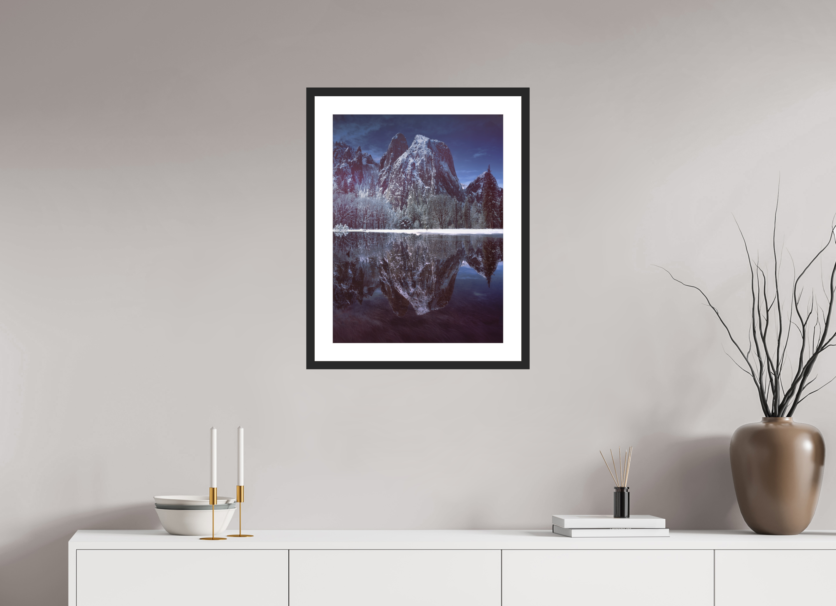 18 x 24″, Passe-Partout Black Frame Cathedral Rocks & Reflection in Snow