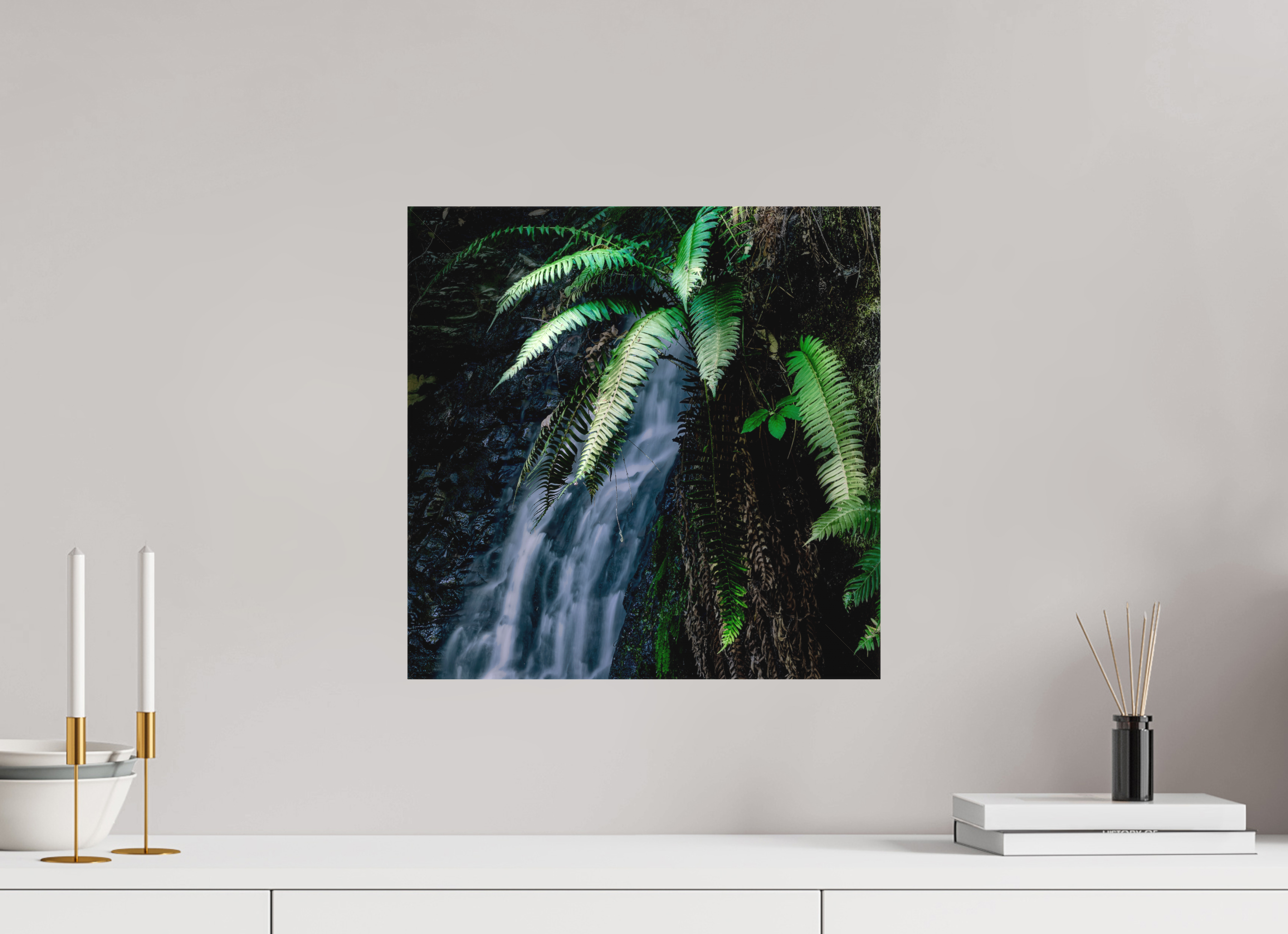 15 x 15″, Fine Art Textile Sword Ferns on Tiptoe FallsI