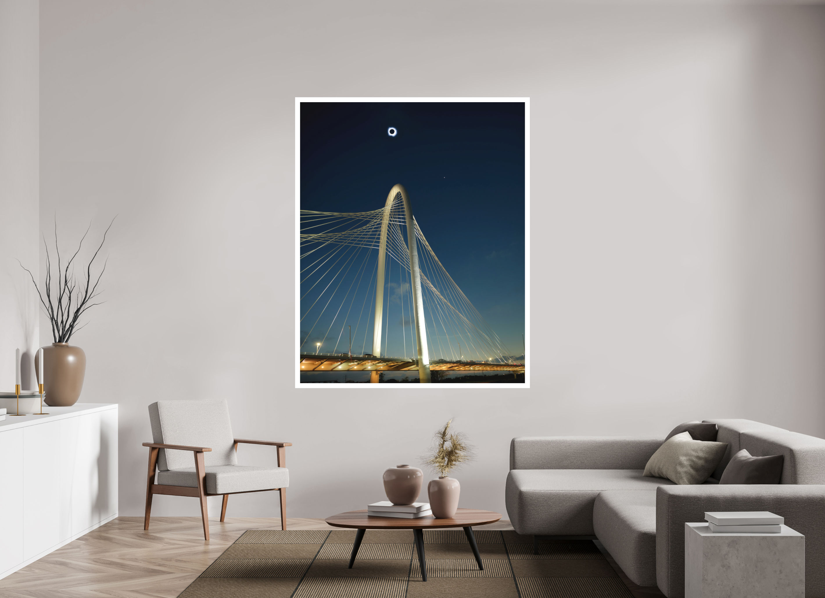 55 x 68.7″, Bonded Acrylic Mat + Silver Frame 2024 Eclipse: Over Margaret Hunt Hill Bridge