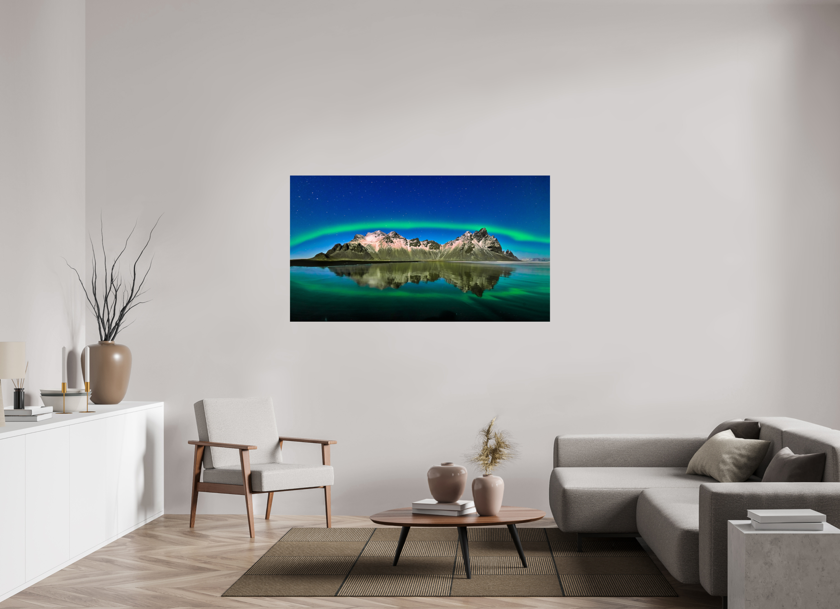 64 x 36″, Giclée Alu-Dibond Aurora Over Vestrahorn