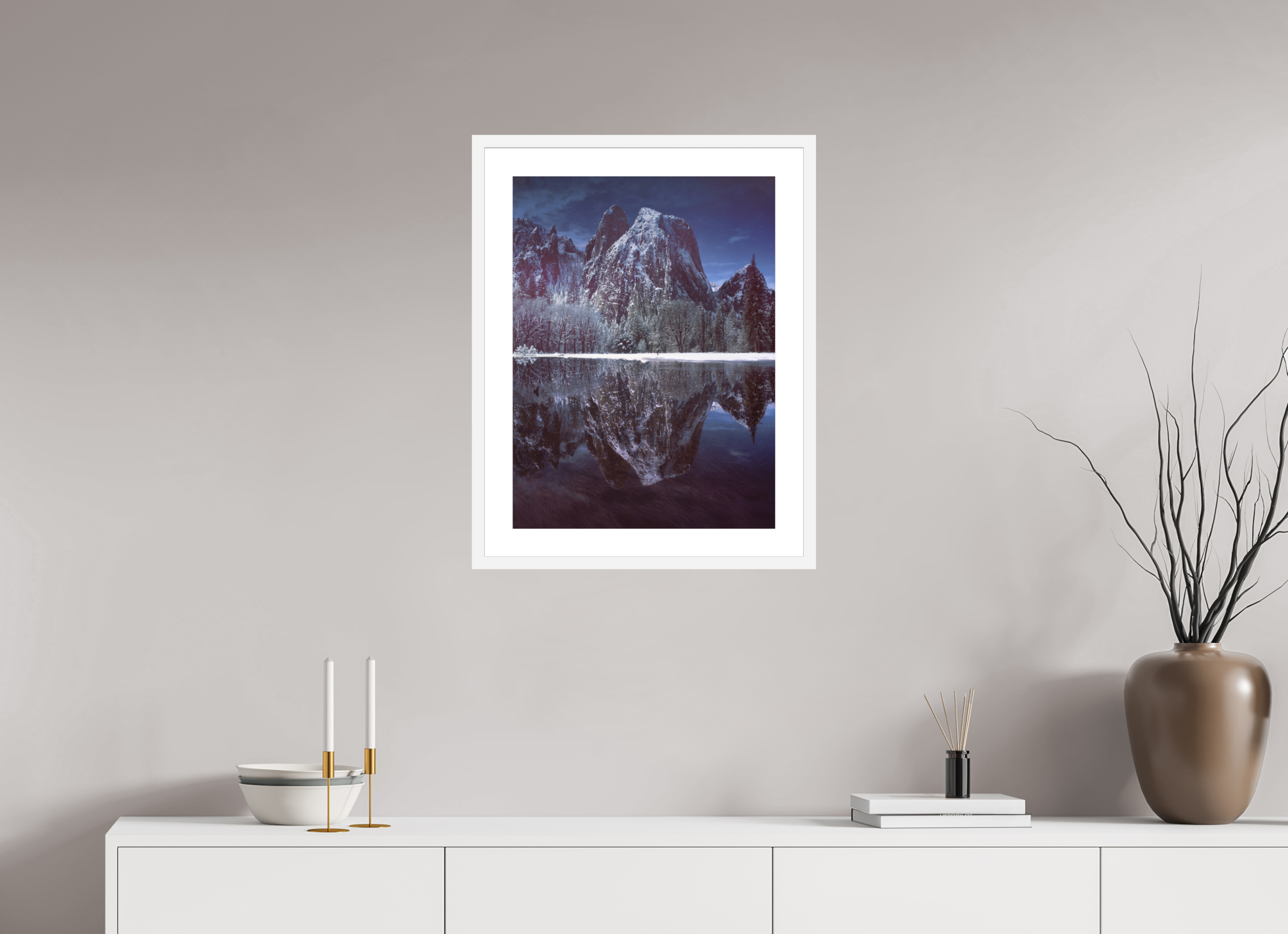 18 x 24″, Passe-Partout White Frame Cathedral Rocks & Reflection in Snow