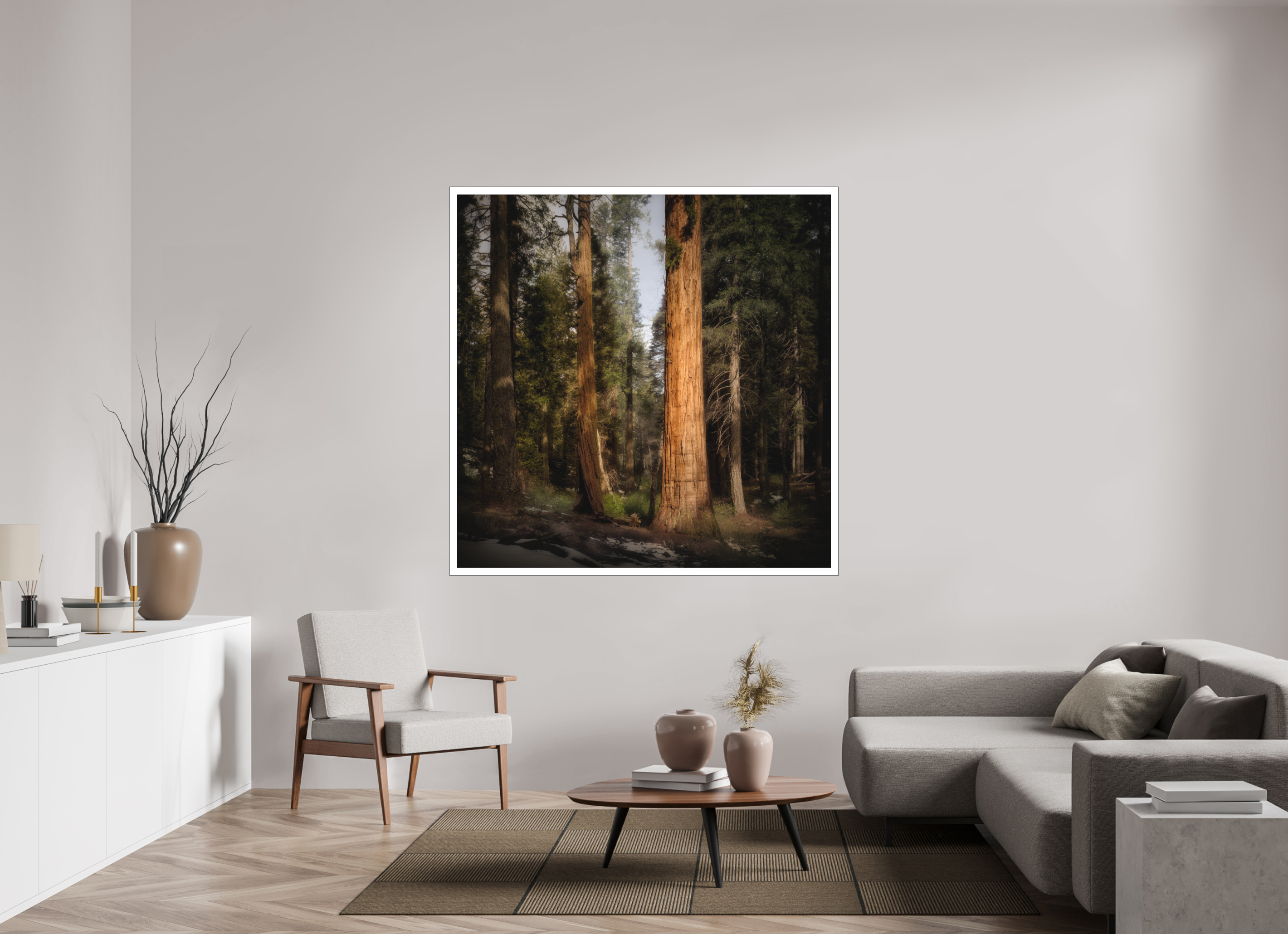 60 x 60″, Bonded Acrylic Mat + Black Frame Northern Sentinels I: The Placer County Sequoias