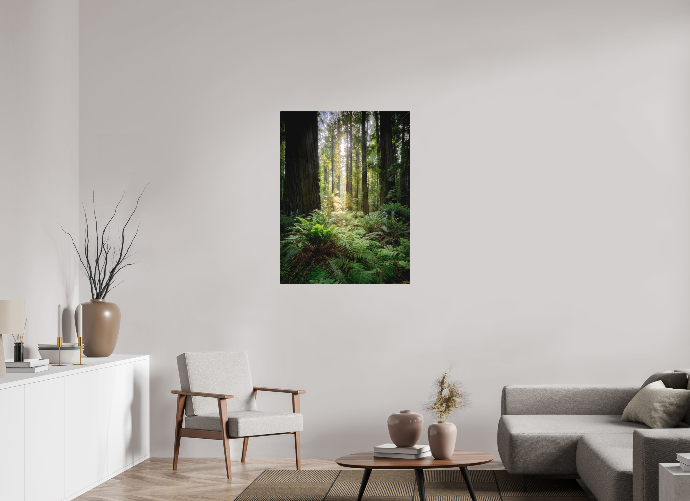 30 x 40″, Fine Art Textile Forest Light on Redwoods & Sword Ferns
