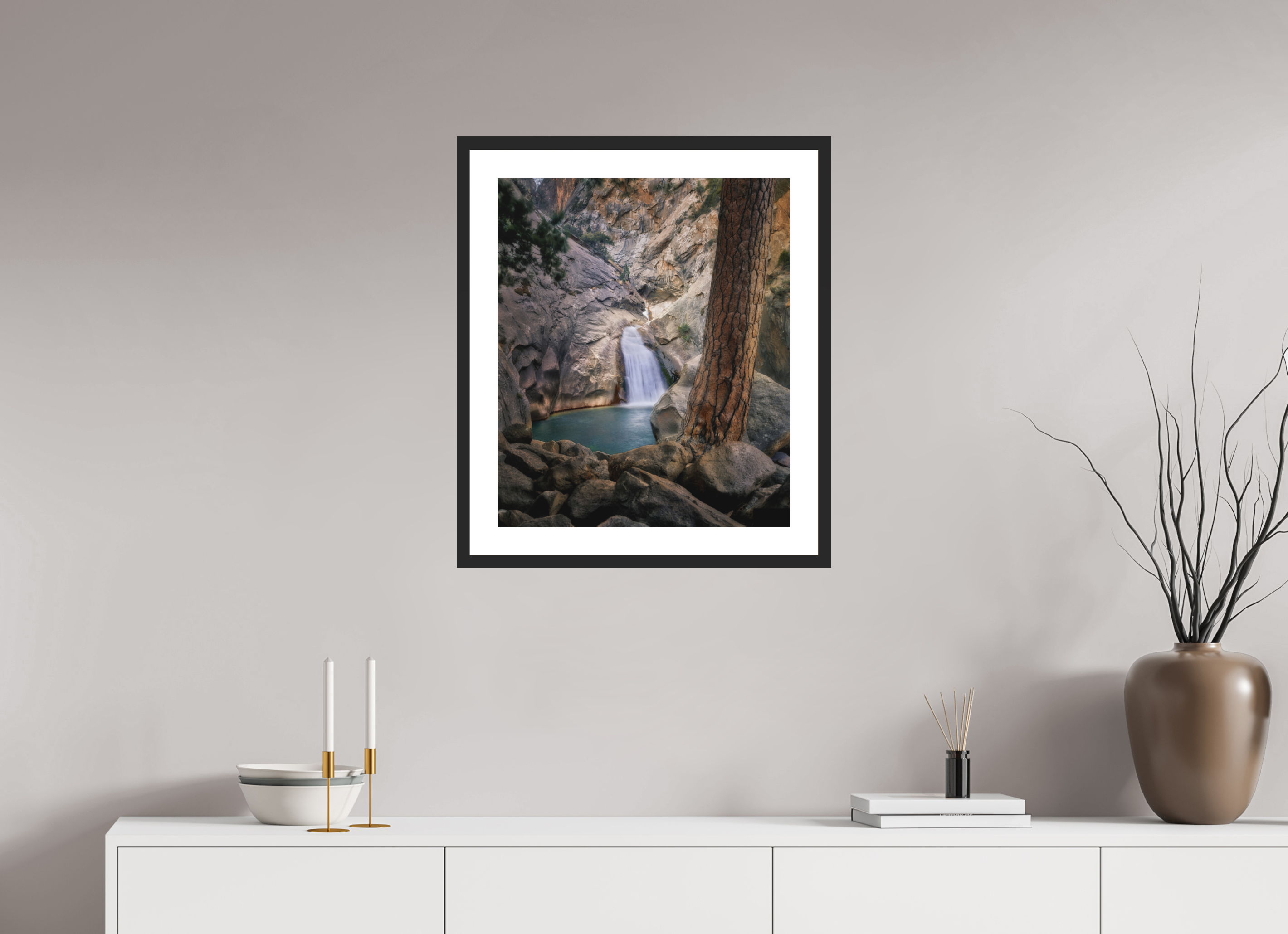 20 x 23.8″, Passe-Partout Black Frame Roaring River Falls 1 —Kings Canyon