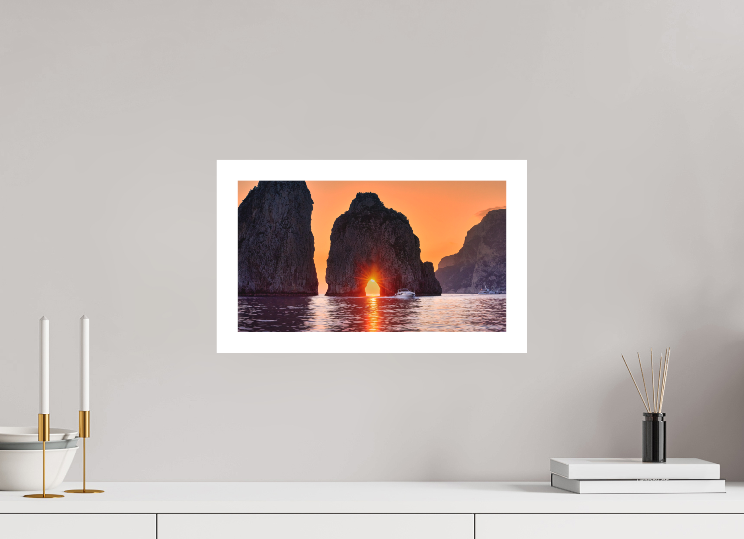 16 x 9″, Bonded Acrylic Mat + White Frame Leaving Capri—Faraglioni Sunstar at Sunset