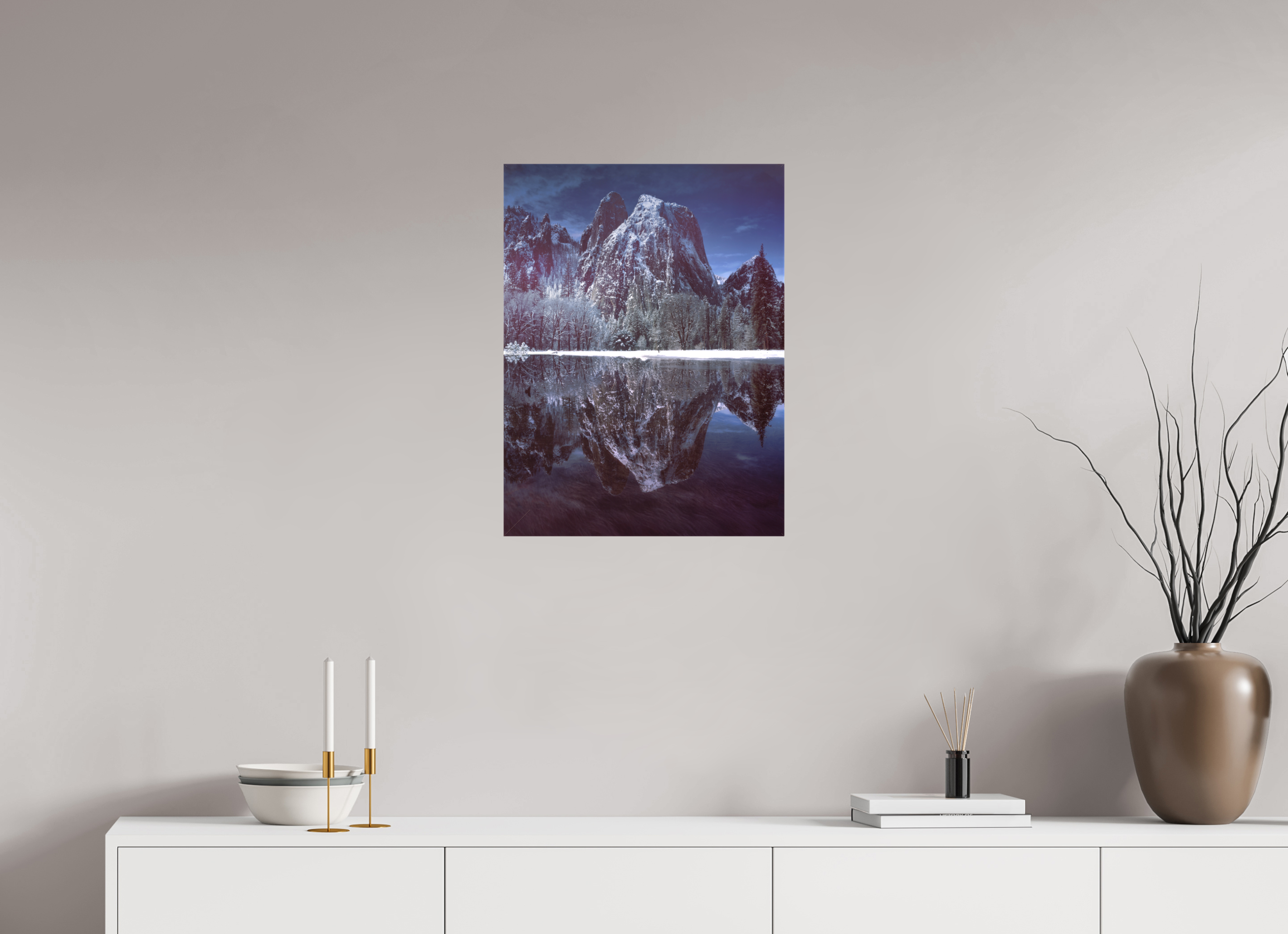18 x 24″, Fine Art Textile Cathedral Rocks & Reflection in Snow