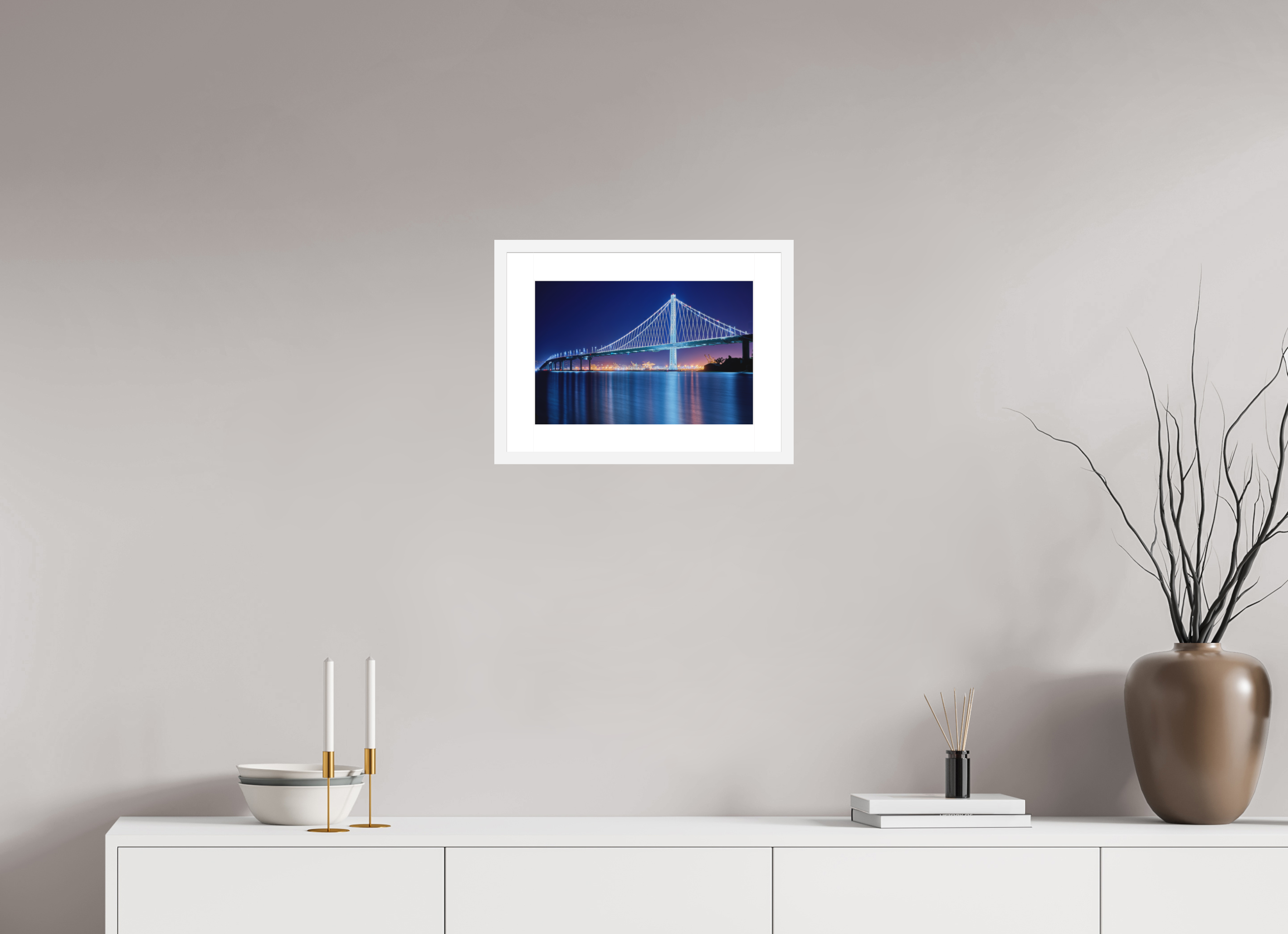 15 x 10″, Passe-Partout White Frame The Bay Bridge at Night