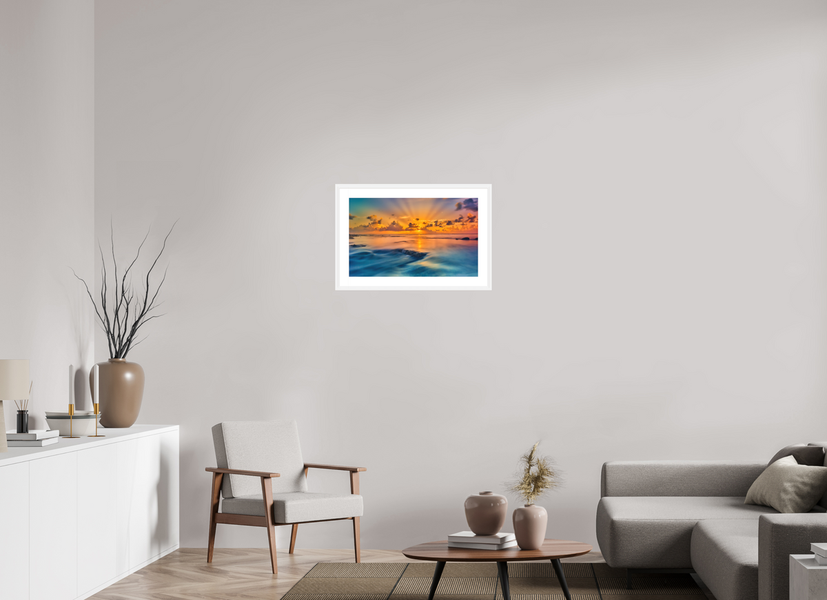 25.9 x 16″, Passe-Partout White Frame Diluvian: Bora Bora Reefside Sunrise