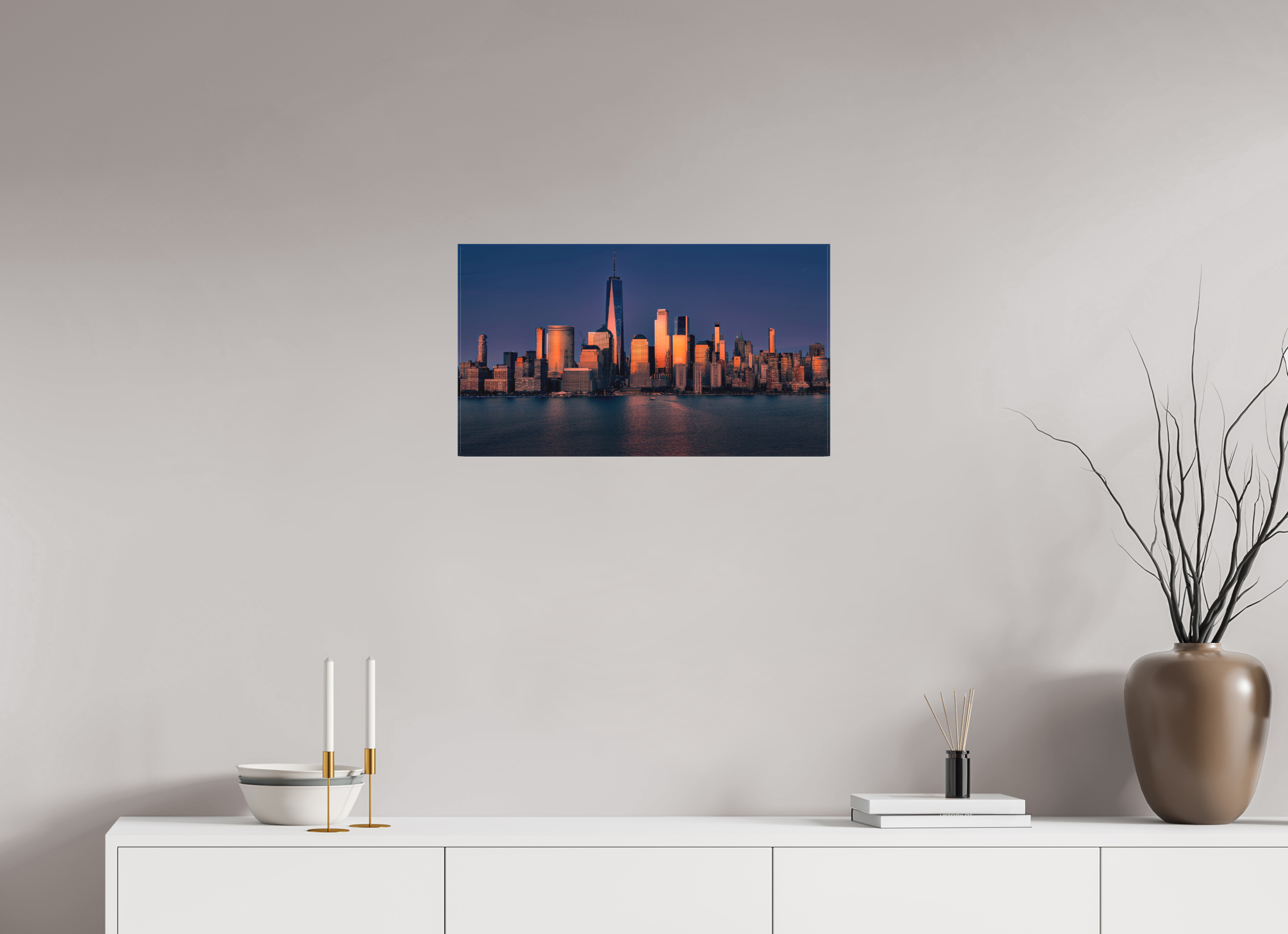 24 x 13.5″, Fine Art Textile Manhattan Reflects the End of the Day