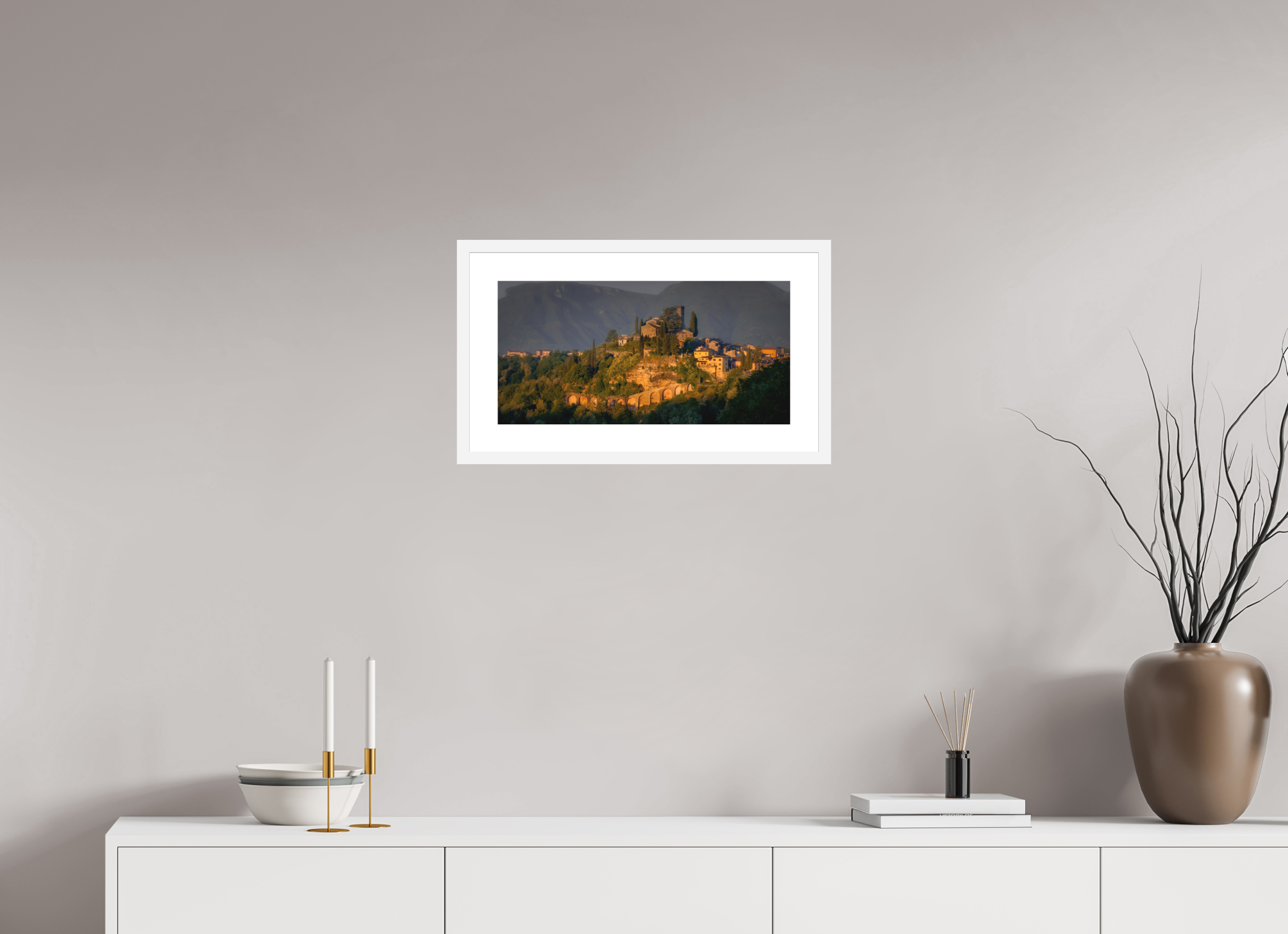 20 x 10″, Passe-Partout White Frame Morning Glow on Barga, Tuscany