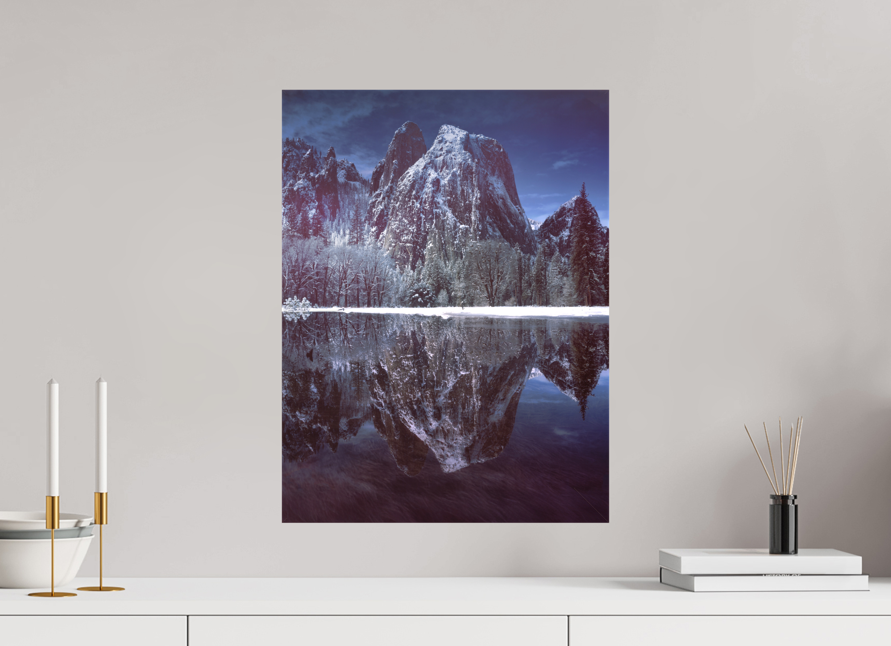 15 x 20″, Fine Art Textile Cathedral Rocks & Reflection in Snow
