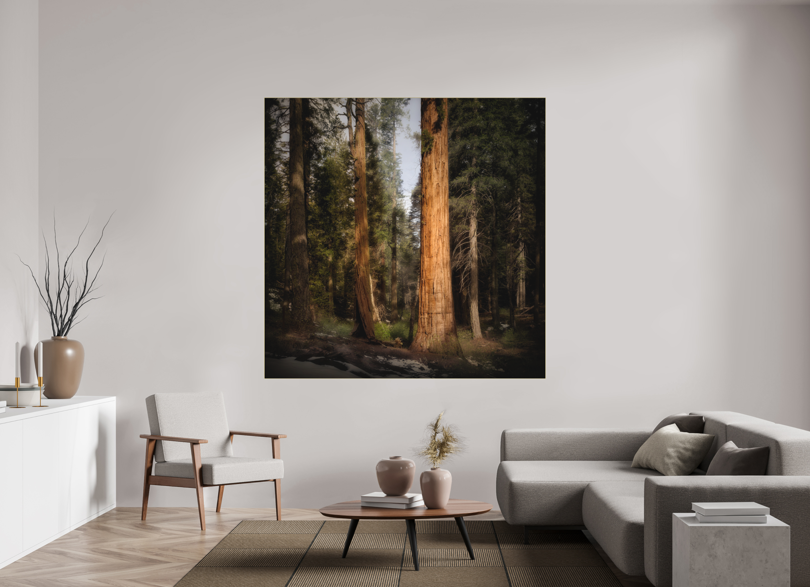 70 x 70″, Bonded Acrylic Gold Frame Northern Sentinels I: The Placer County Sequoias