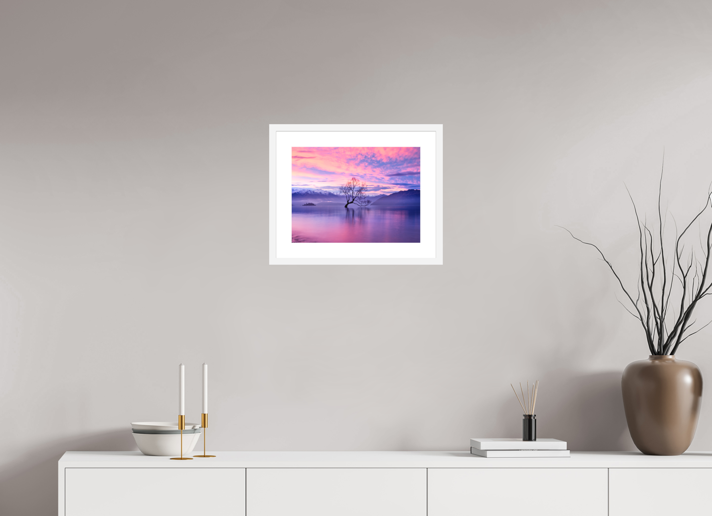 16 x 12″, Passe-Partout White Frame Wanaka II: The Wanaka Tree Beneath a Brilliant Sunset