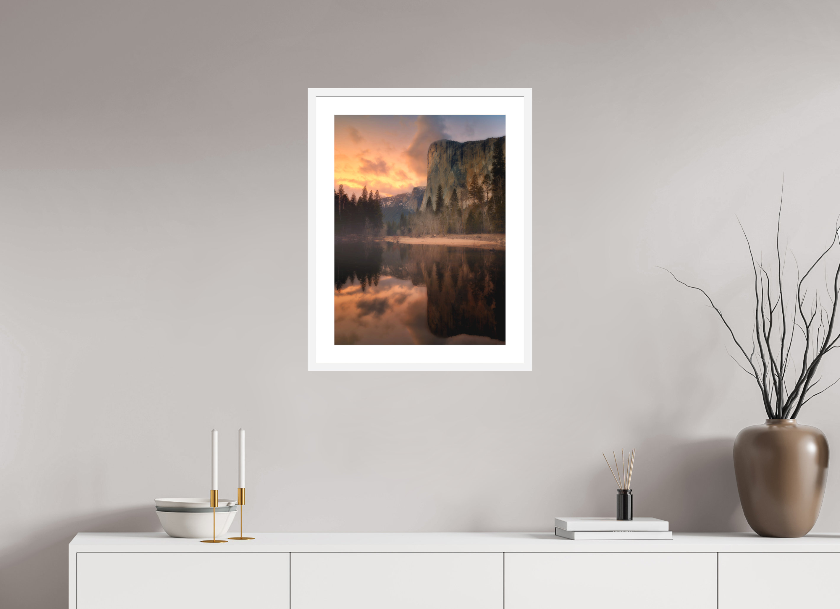 18 x 24″, Passe-Partout White Frame Sunset & Storm Over El Capitan