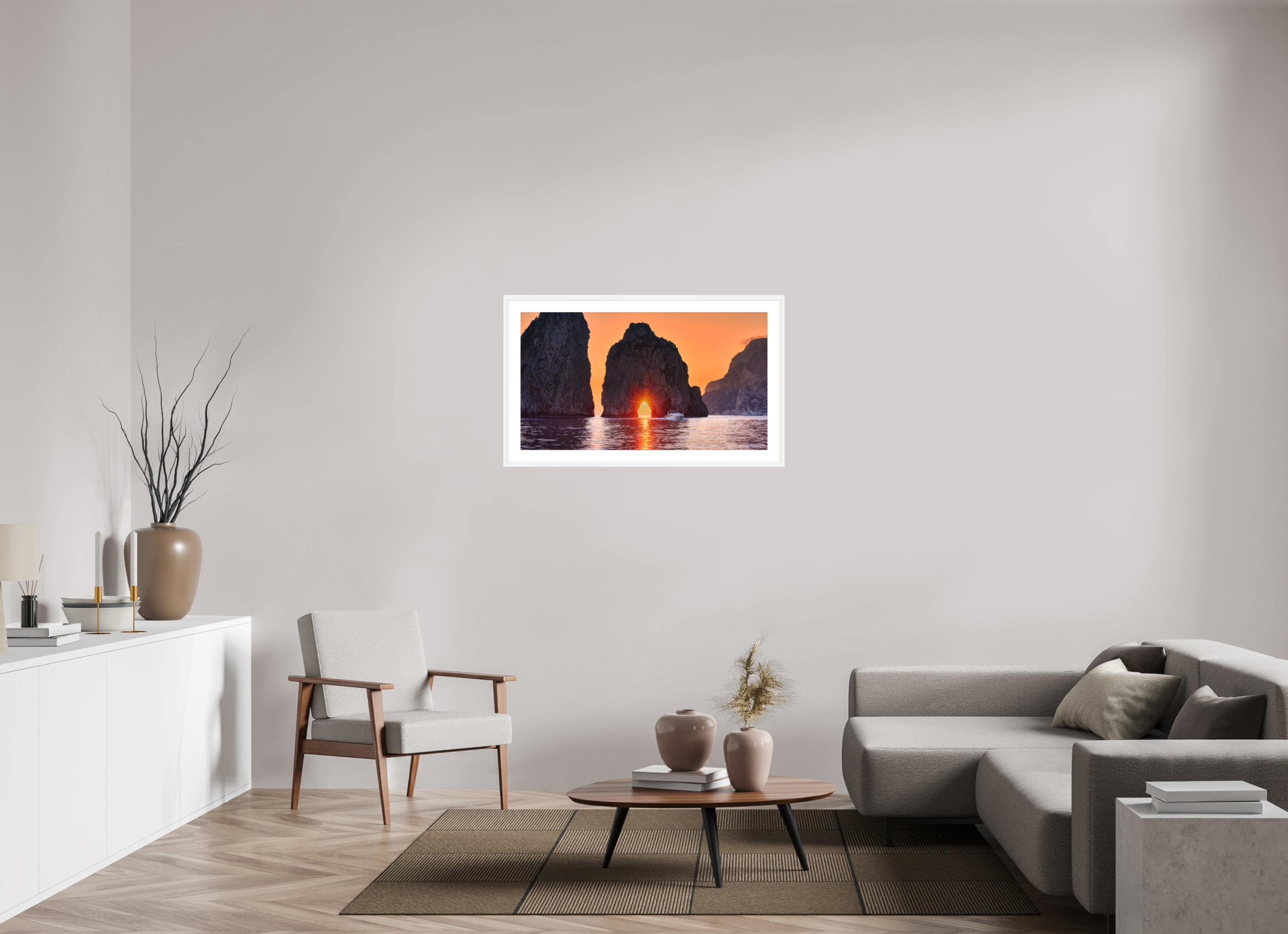 40 x 22.5″, Passe-Partout White Frame Leaving Capri—Faraglioni Sunstar at Sunset