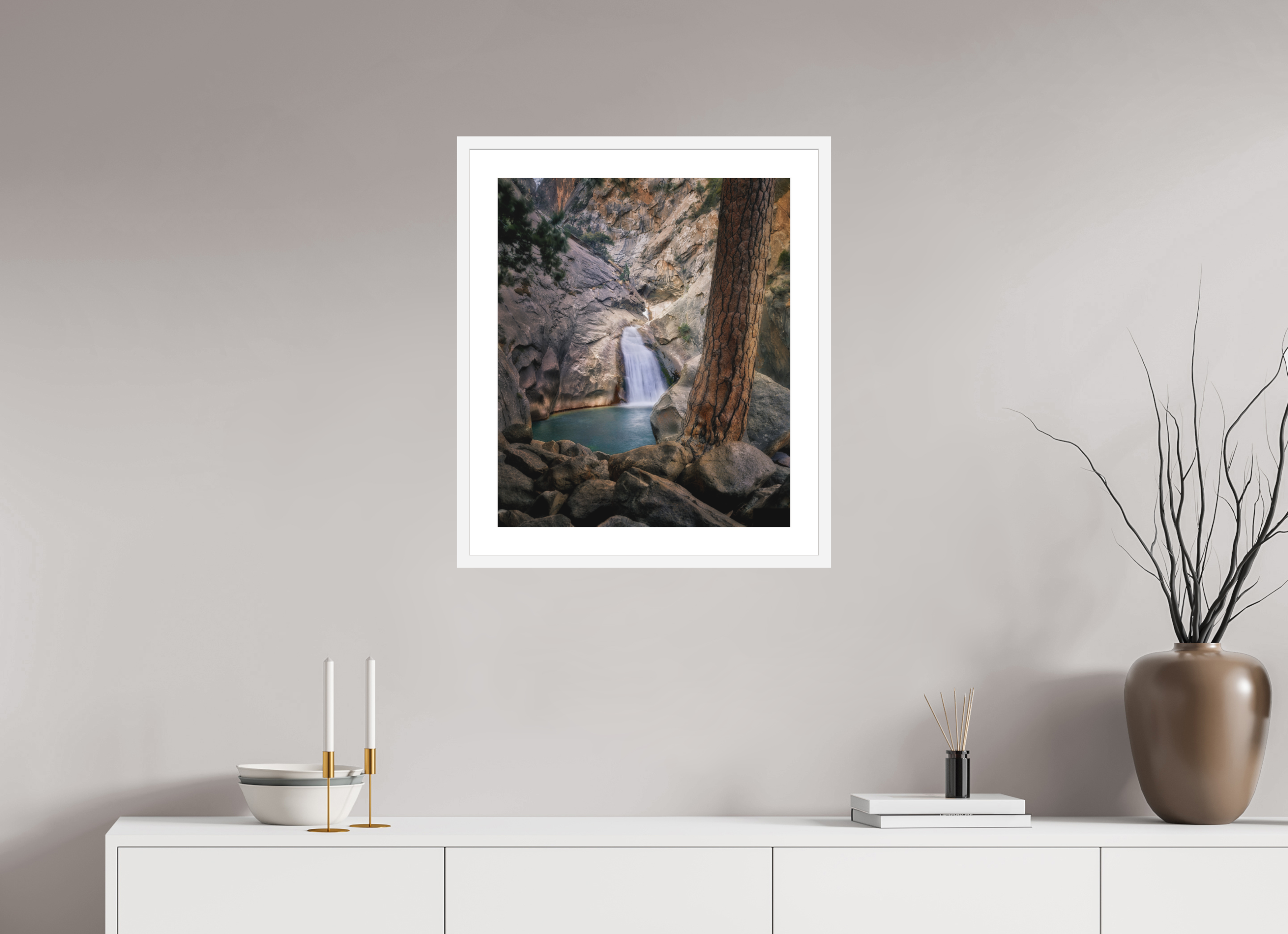 20 x 23.8″, Passe-Partout White Frame Roaring River Falls 1 —Kings Canyon