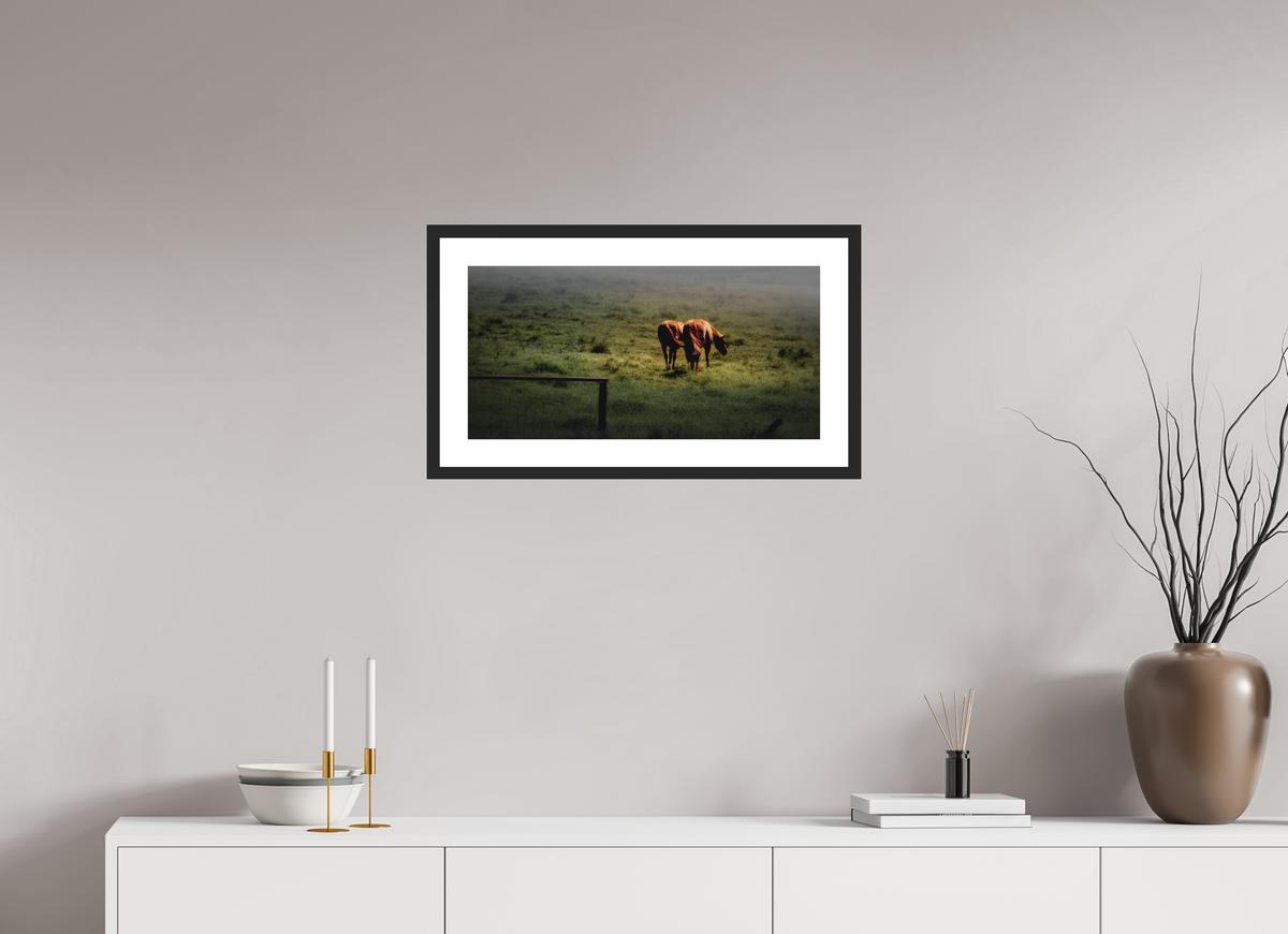 24 x 12″, Passe-Partout Black Frame Upcountry Maui: Horses in Mist & Light