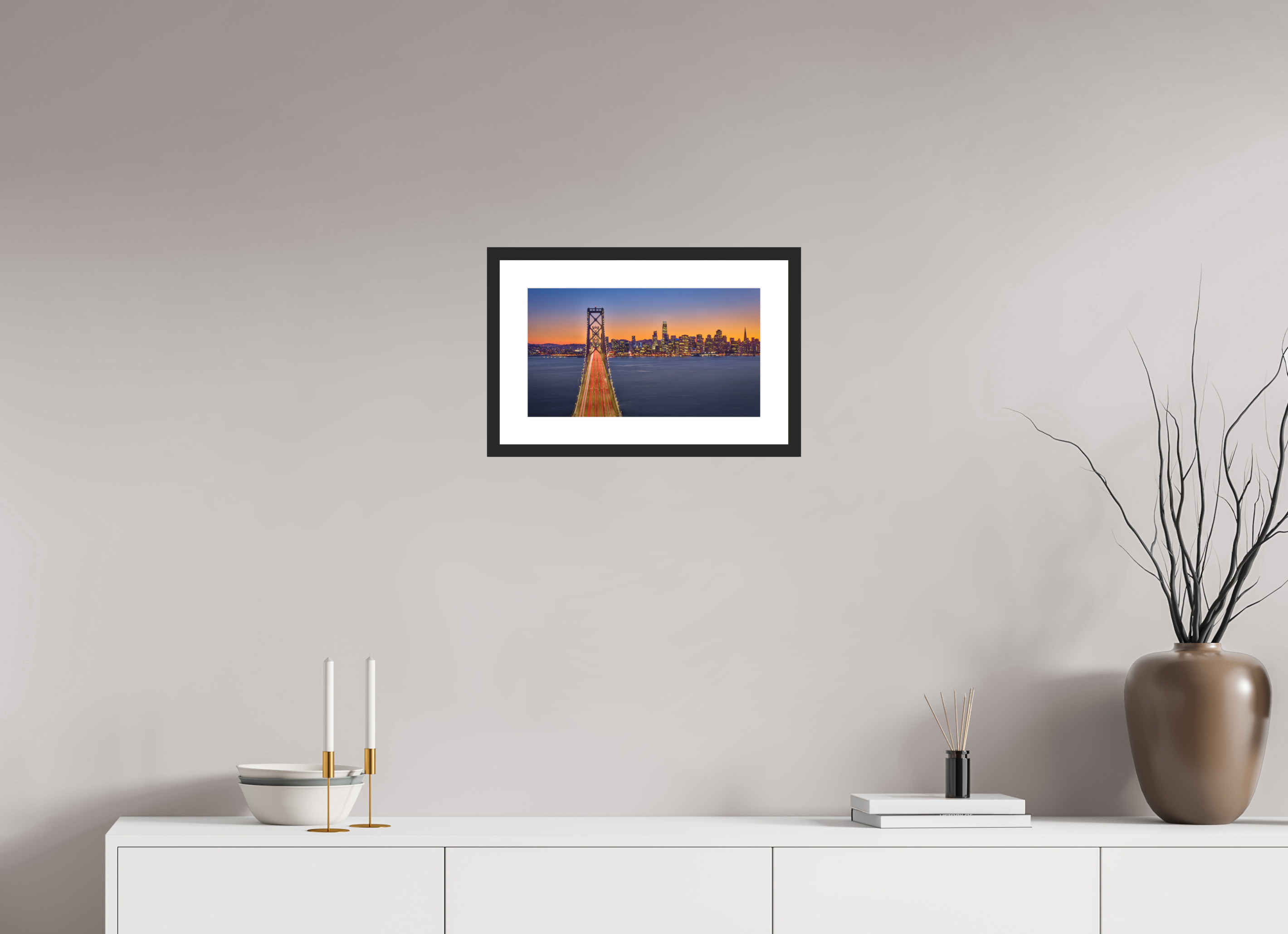 16 x 9″, Passe-Partout Black Frame Bay Bridge & Sunset Over San Francsico
