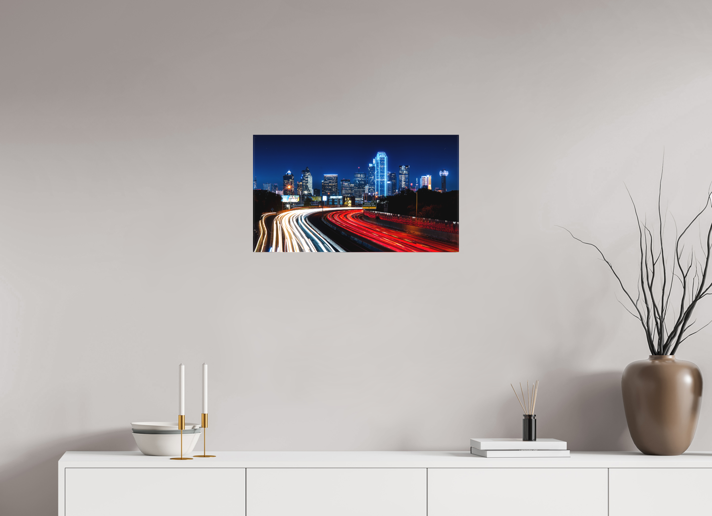 24 x 13.5″, Fine Art Textile Dallas Night Skyline: The Edgefield Prospect