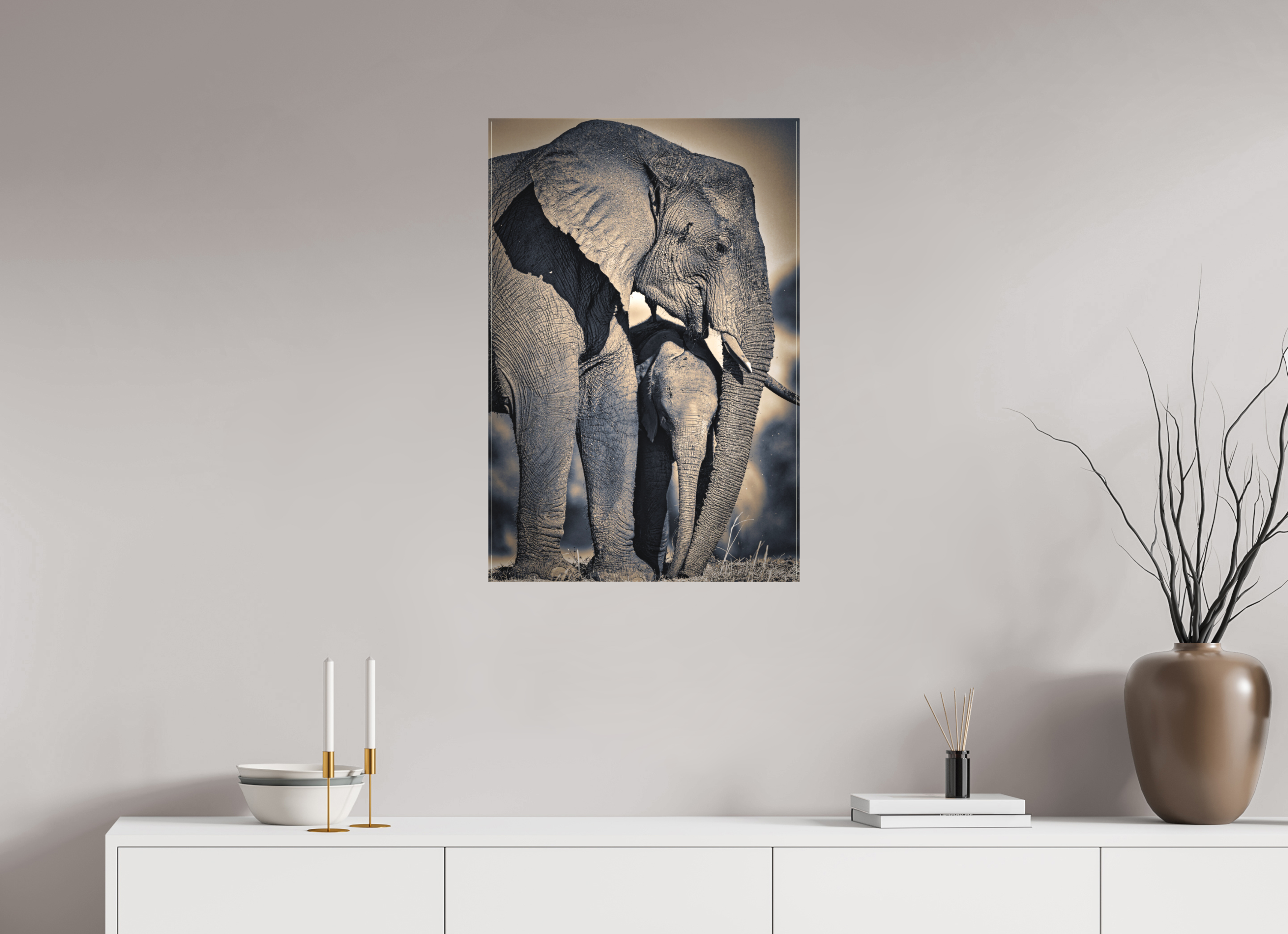 20 x 30″, Fine Art Textile Mother Elephant & Calf