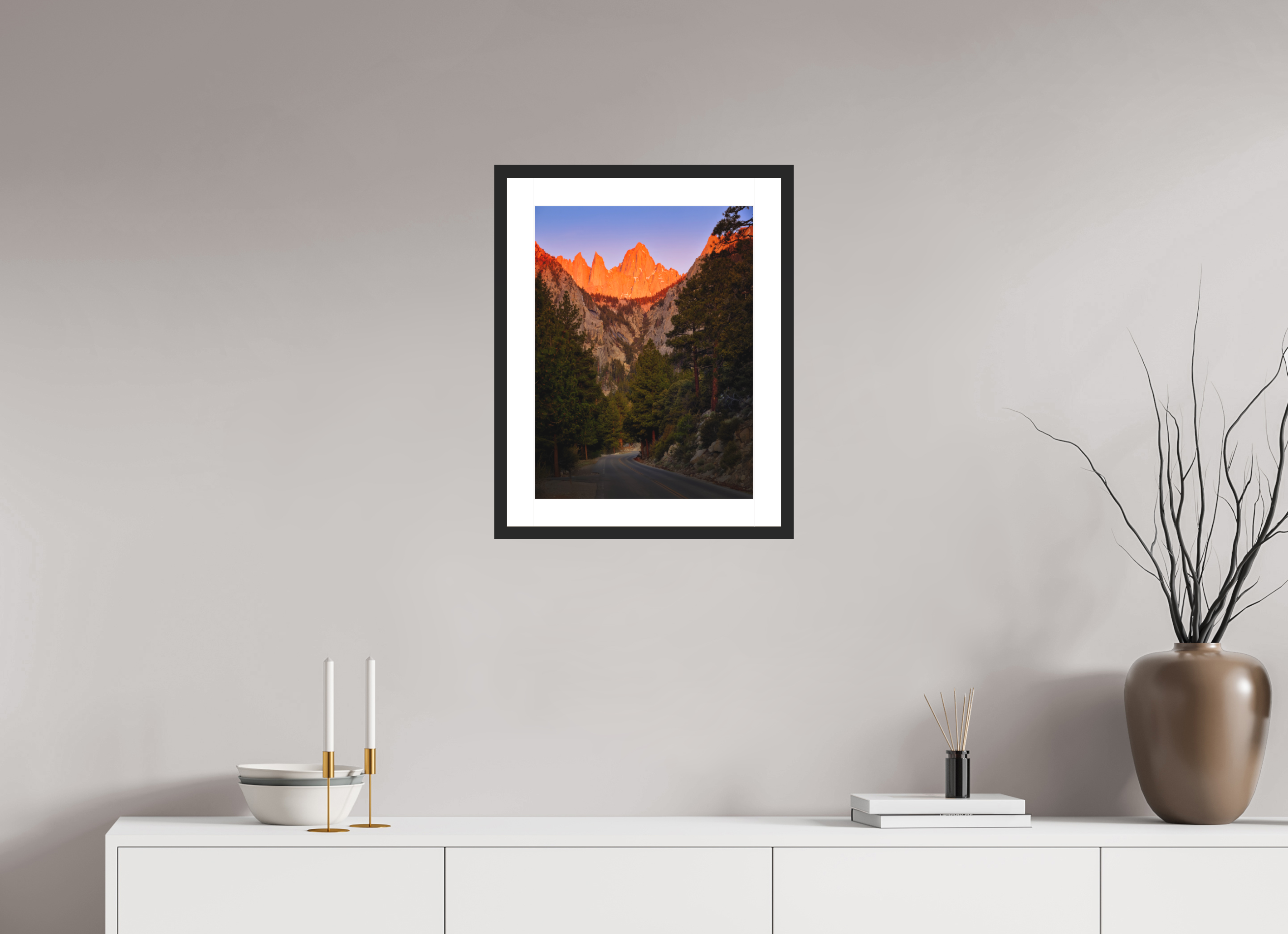 15 x 20″, Passe-Partout Black Frame Alpenglow on Mt. Whitney & Portal Road